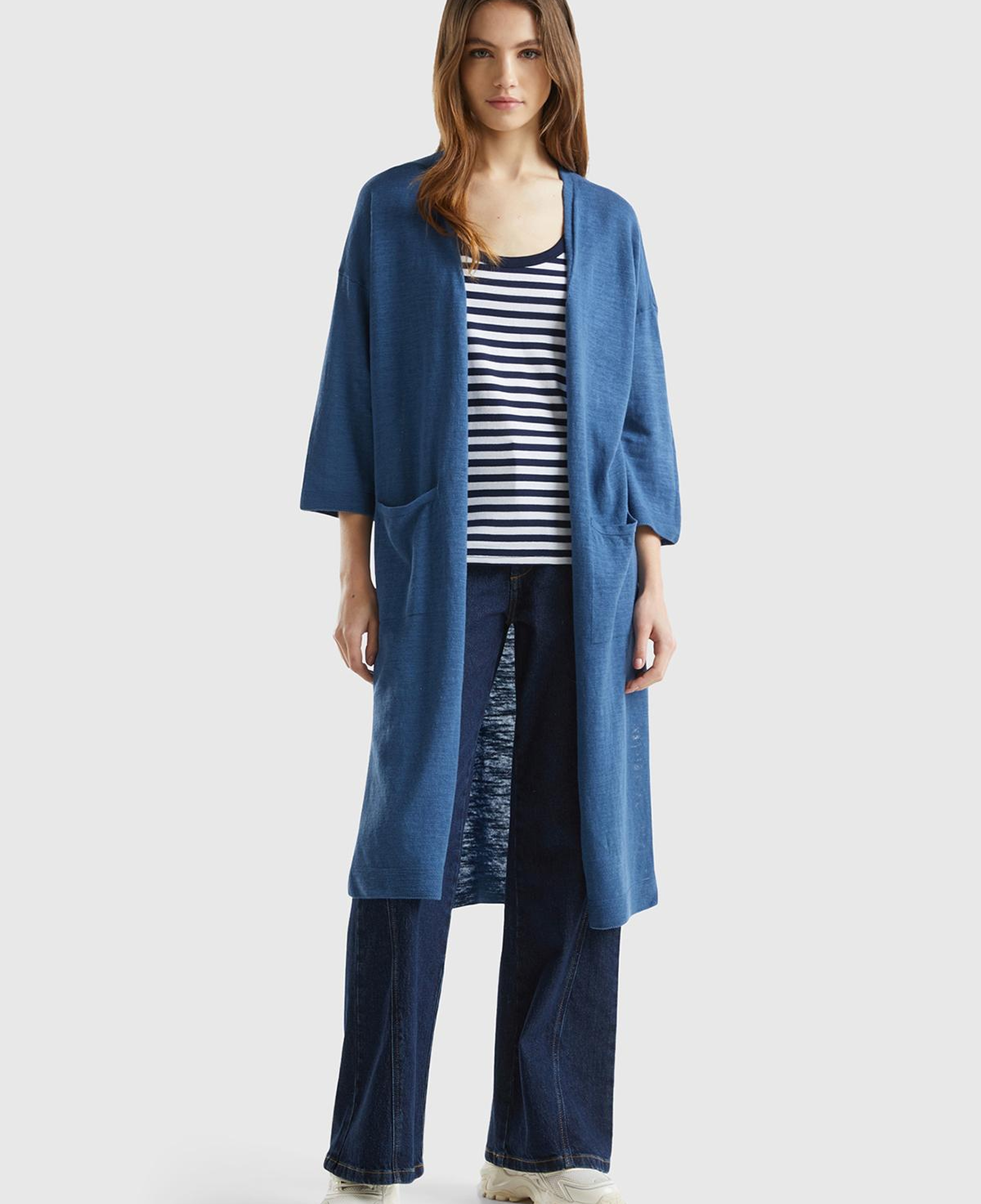 Kadın Gece Mavisi Pamuk Keten Karışımlı Yırtmaçlı Uzun Hırka