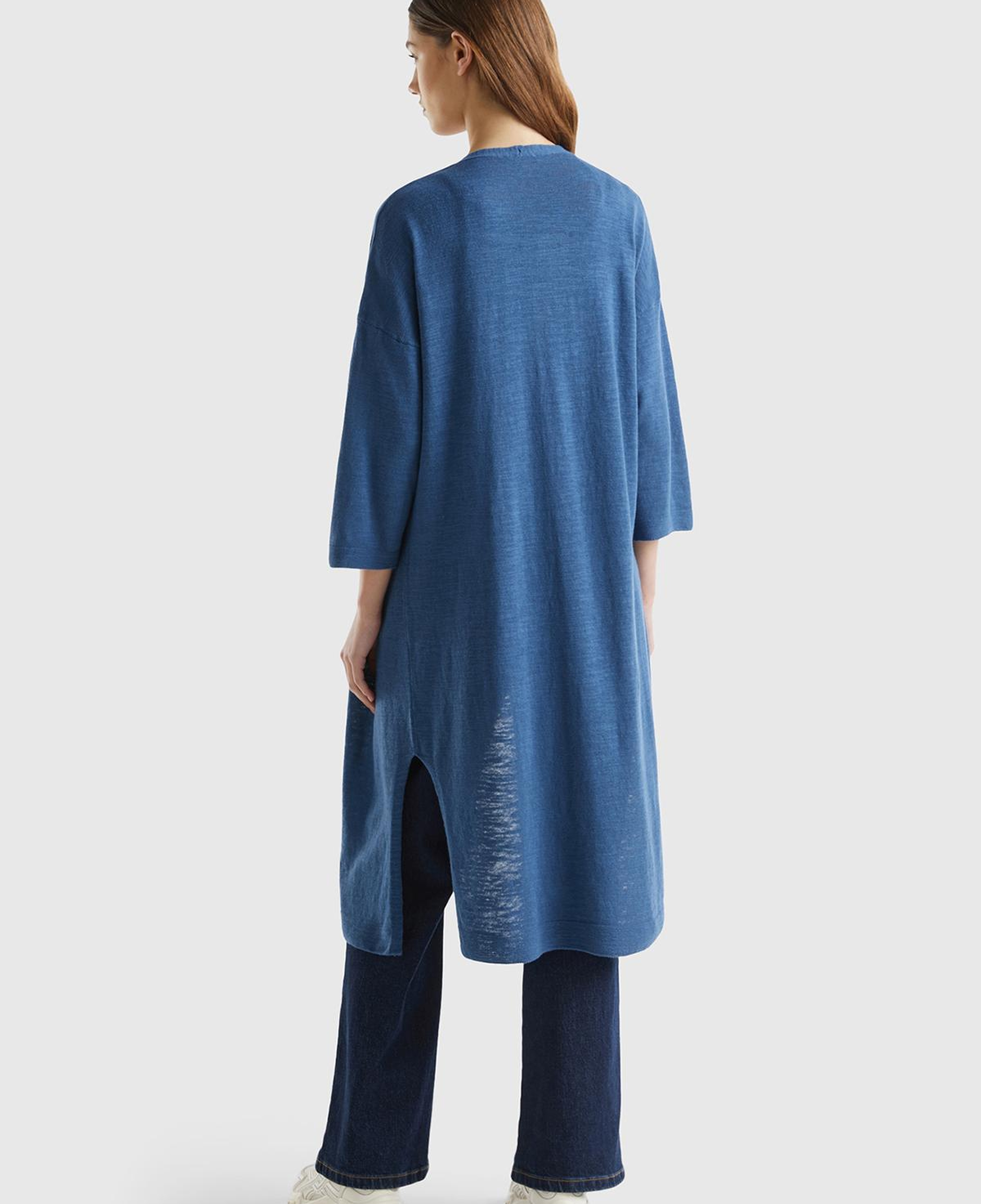 Kadın Gece Mavisi Pamuk Keten Karışımlı Yırtmaçlı Uzun Hırka