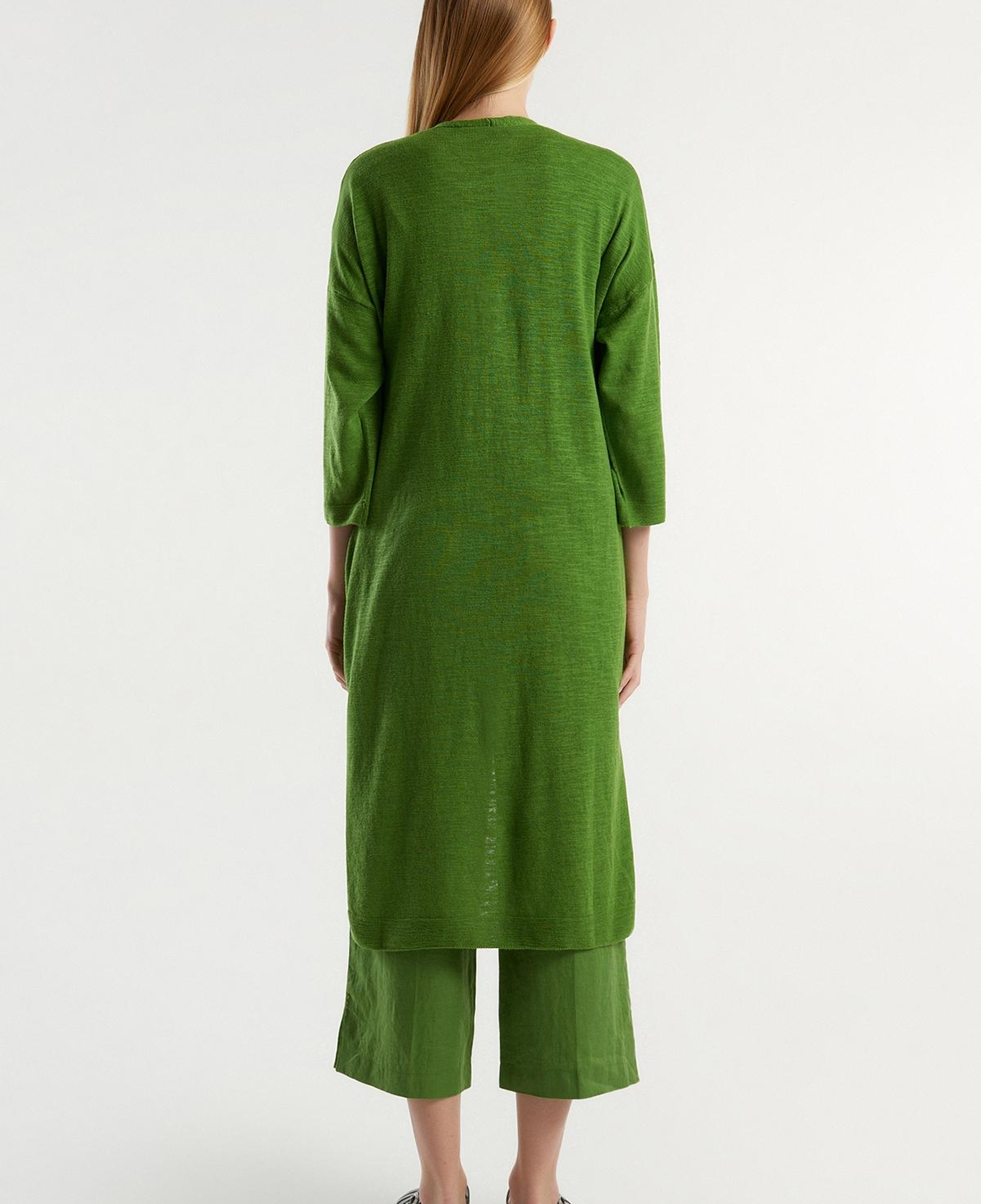 Kadın Soluk Yeşil Pamuk Keten Karışımlı Yırtmaçlı Uzun Hırka