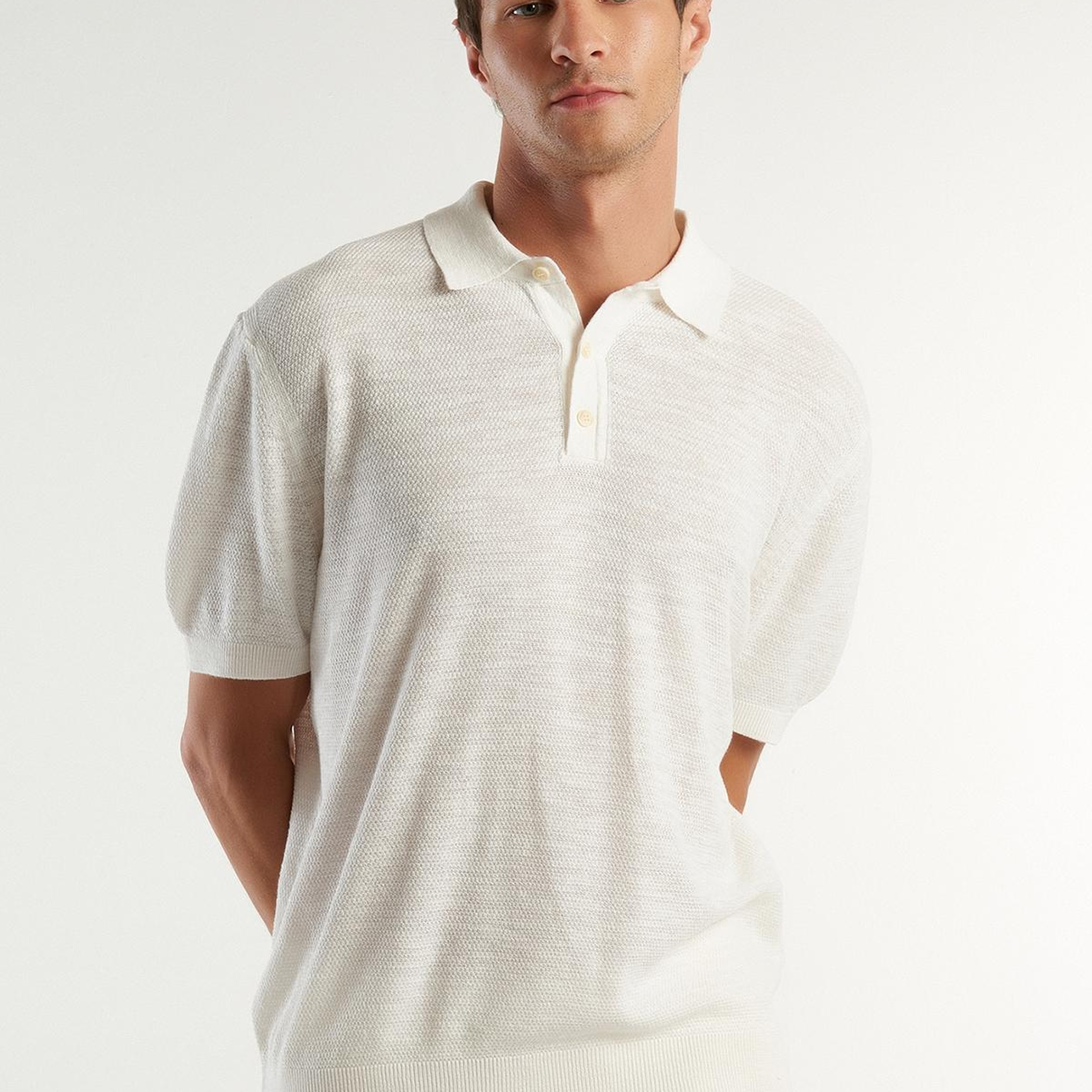 Erkek Krem Keten Karışımlı Polo Yaka T-Shirt