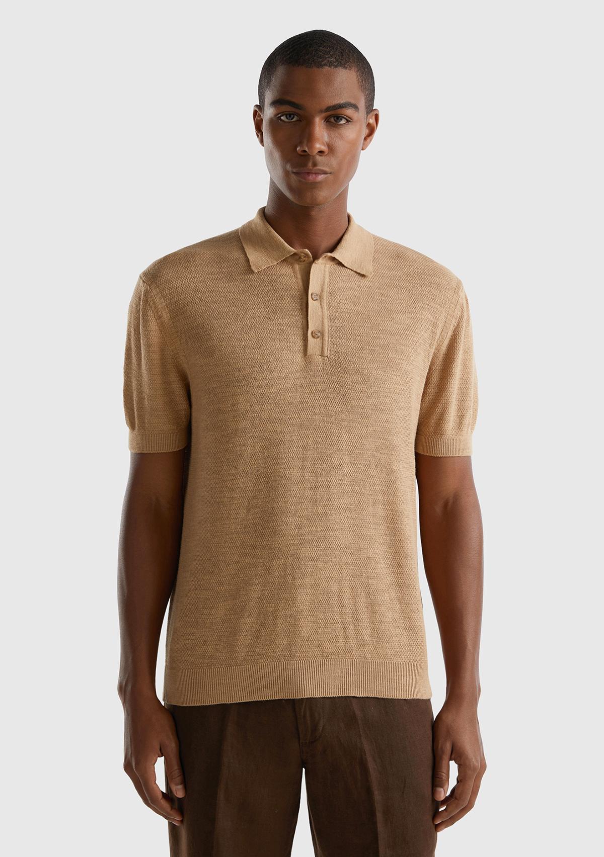 Erkek Taba Keten Karışımlı Polo Yaka T-Shirt