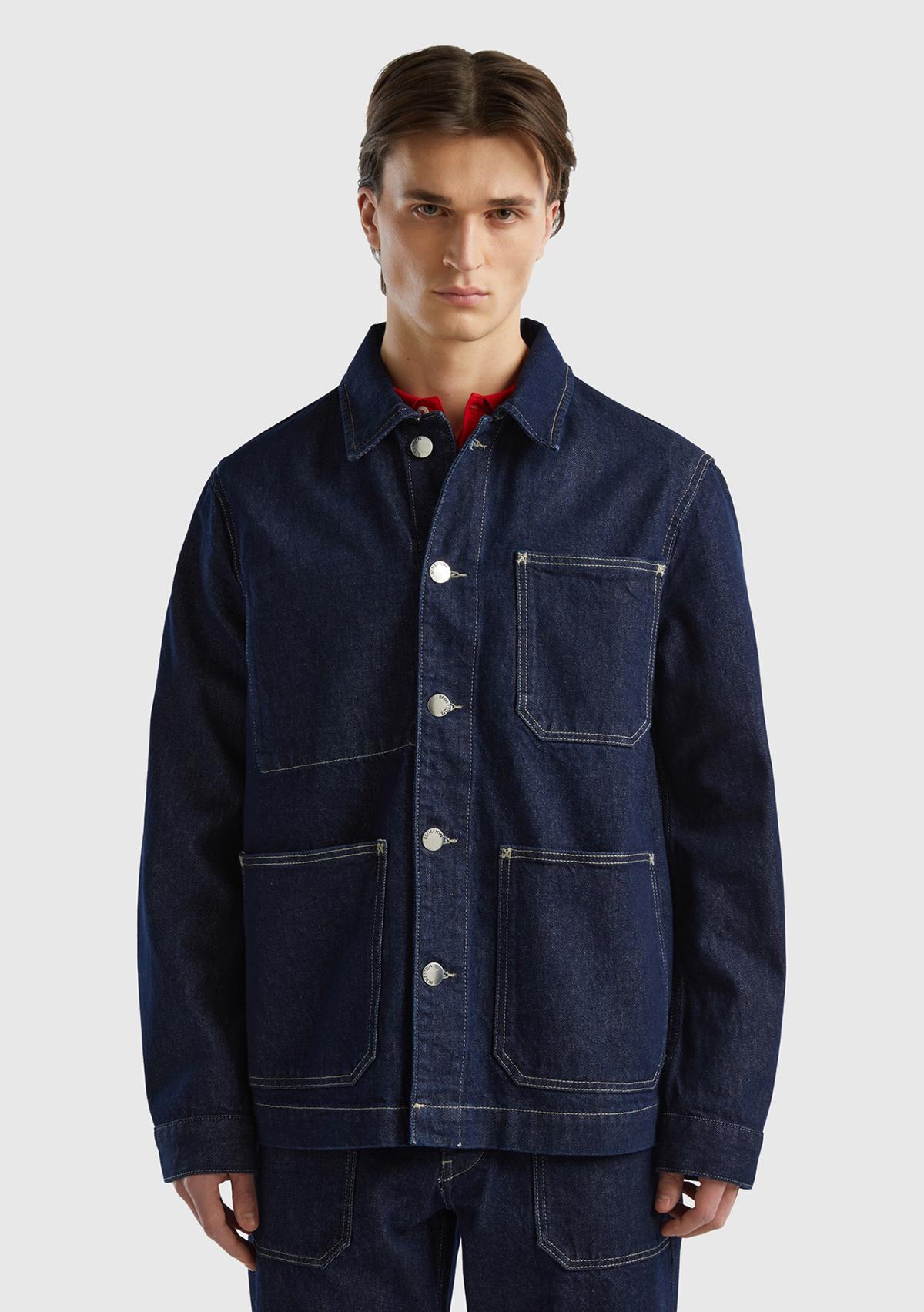 Erkek Lacivert %100 Koton Önü Cepli Denim Ceket