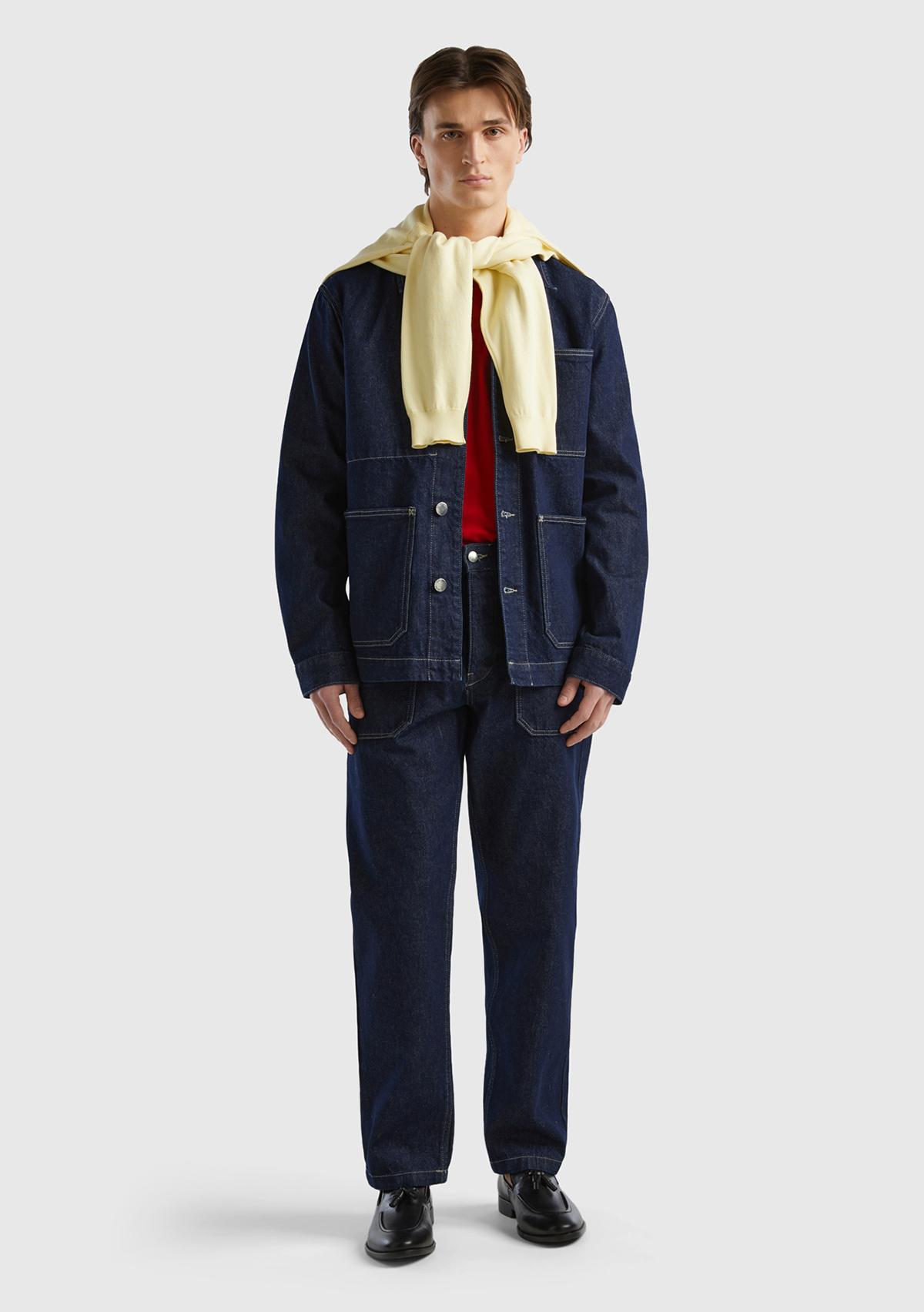 Erkek Lacivert %100 Koton Önü Cepli Denim Ceket