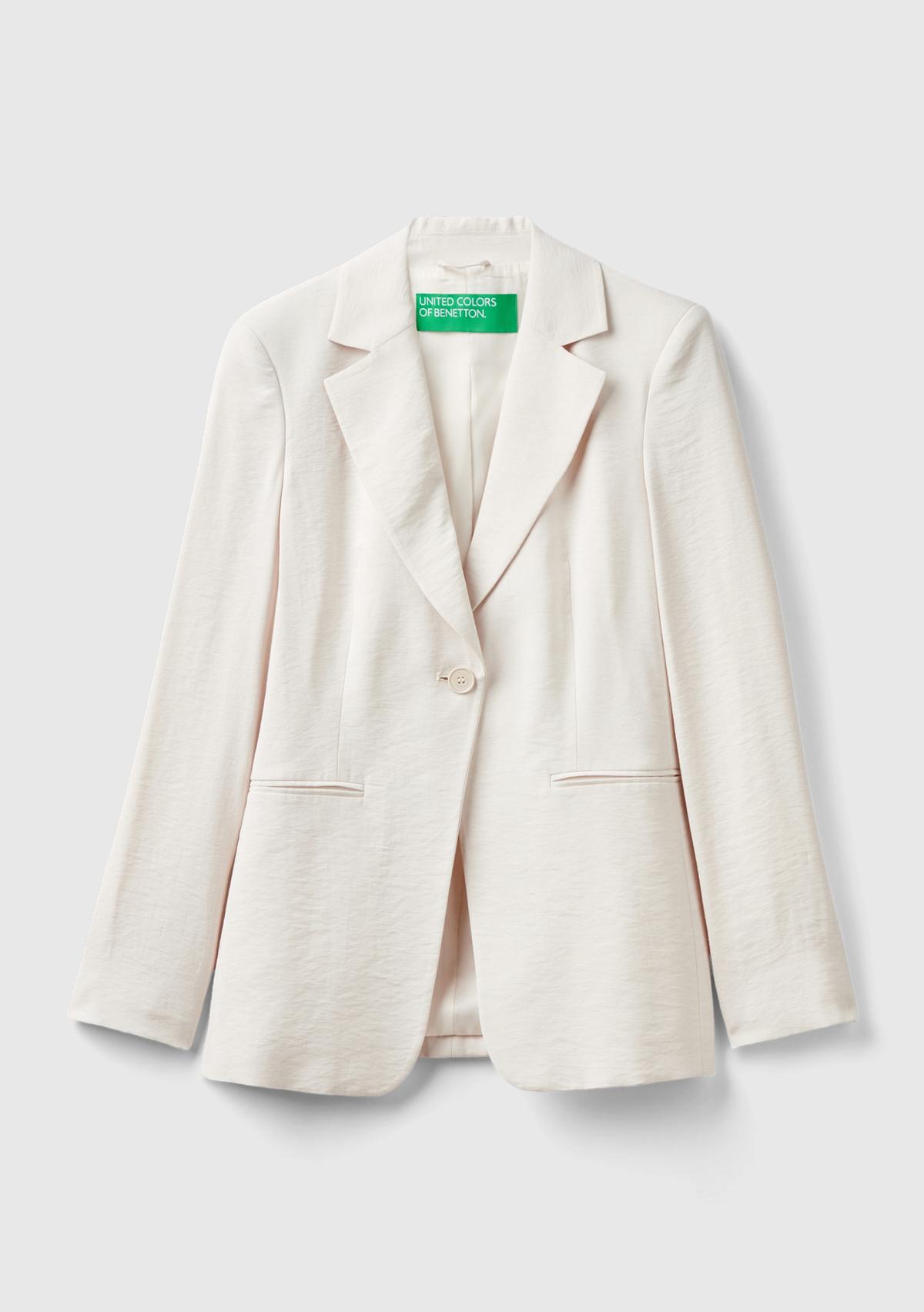 Kadın Krem Viskoz Karışımlı Slim Fit Blazer Ceket