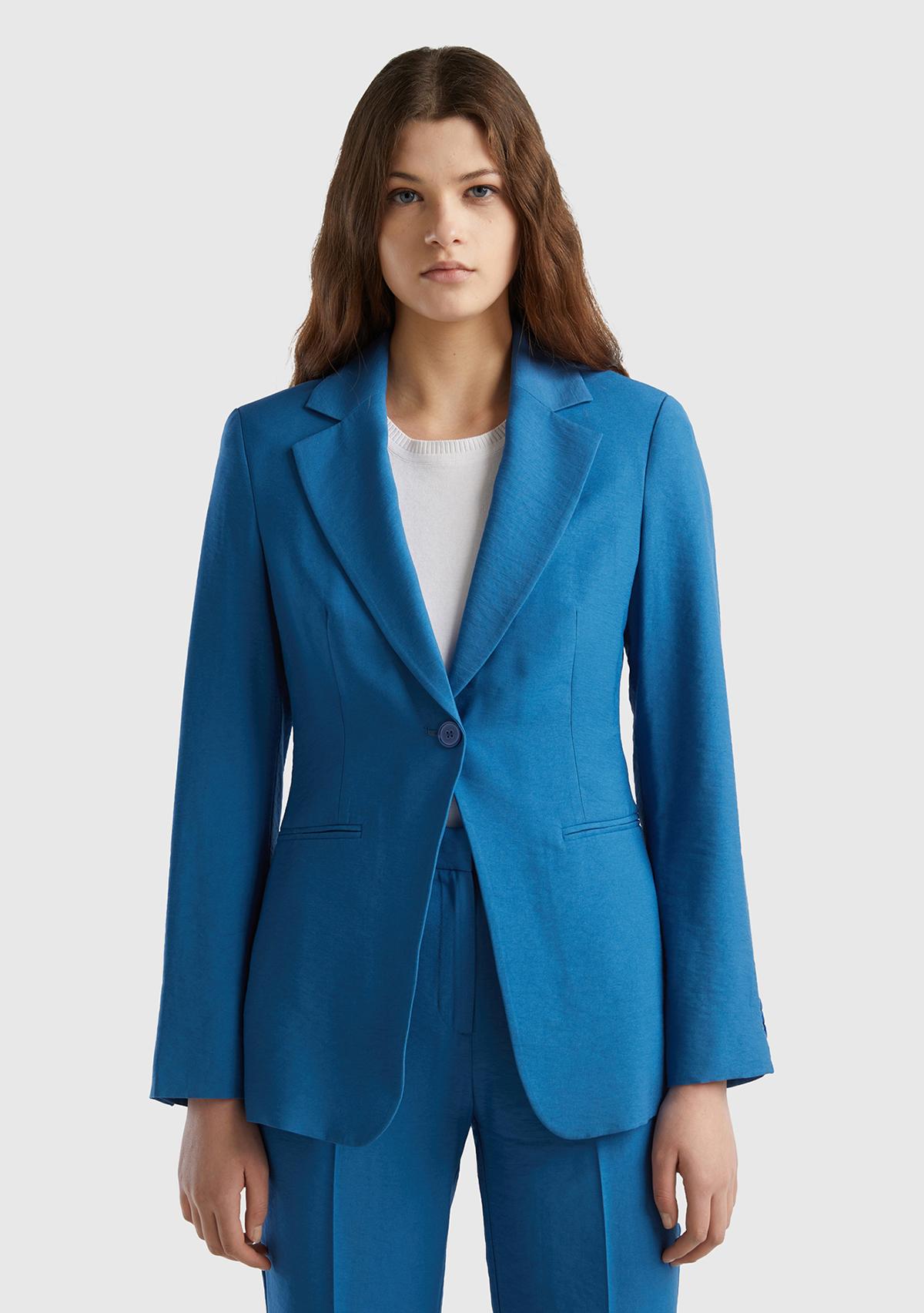 Kadın Koyu Mavi Viskoz Karışımlı Slim Fit Blazer Ceket