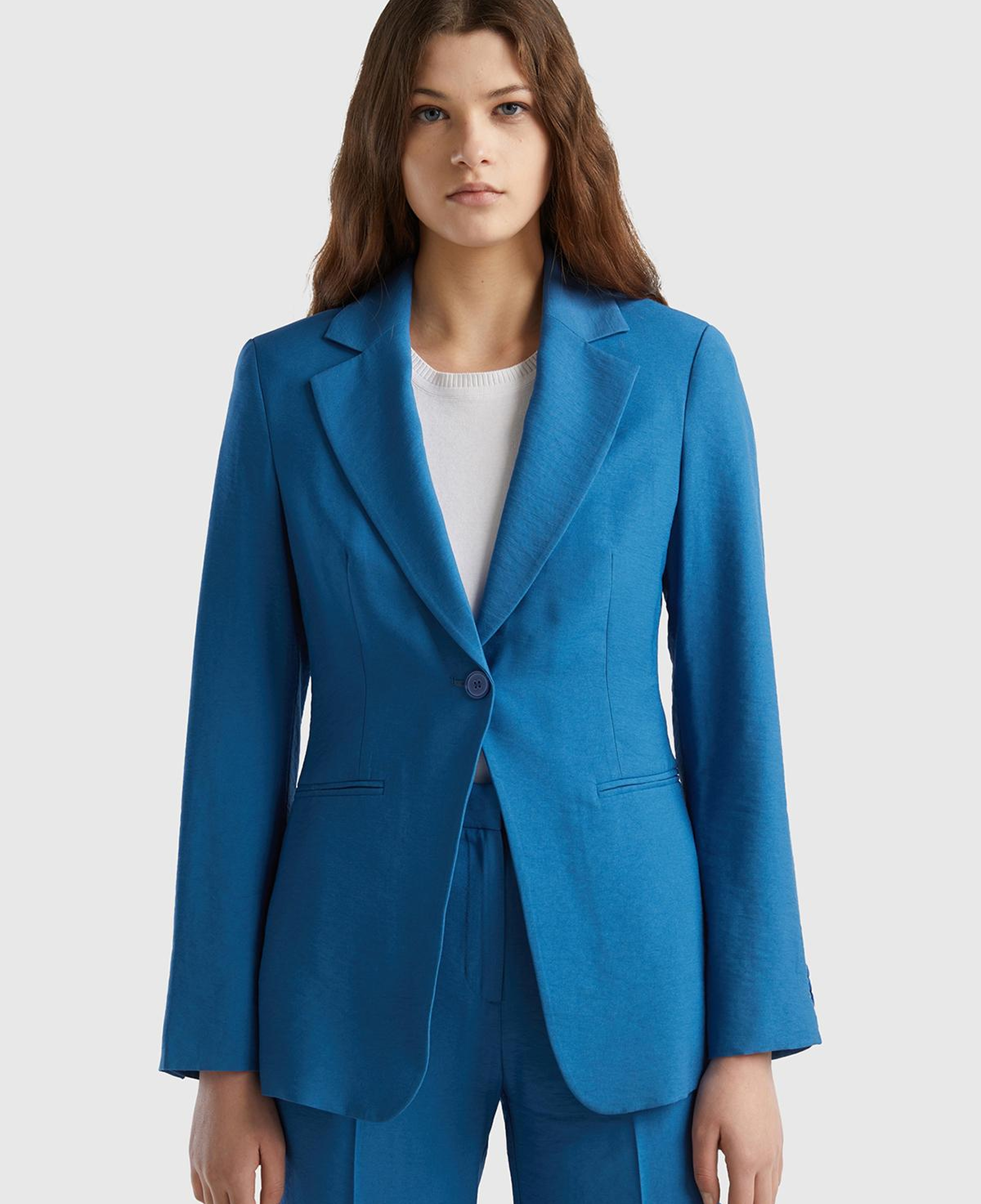 Kadın Koyu Mavi Viskoz Karışımlı Slim Fit Blazer Ceket