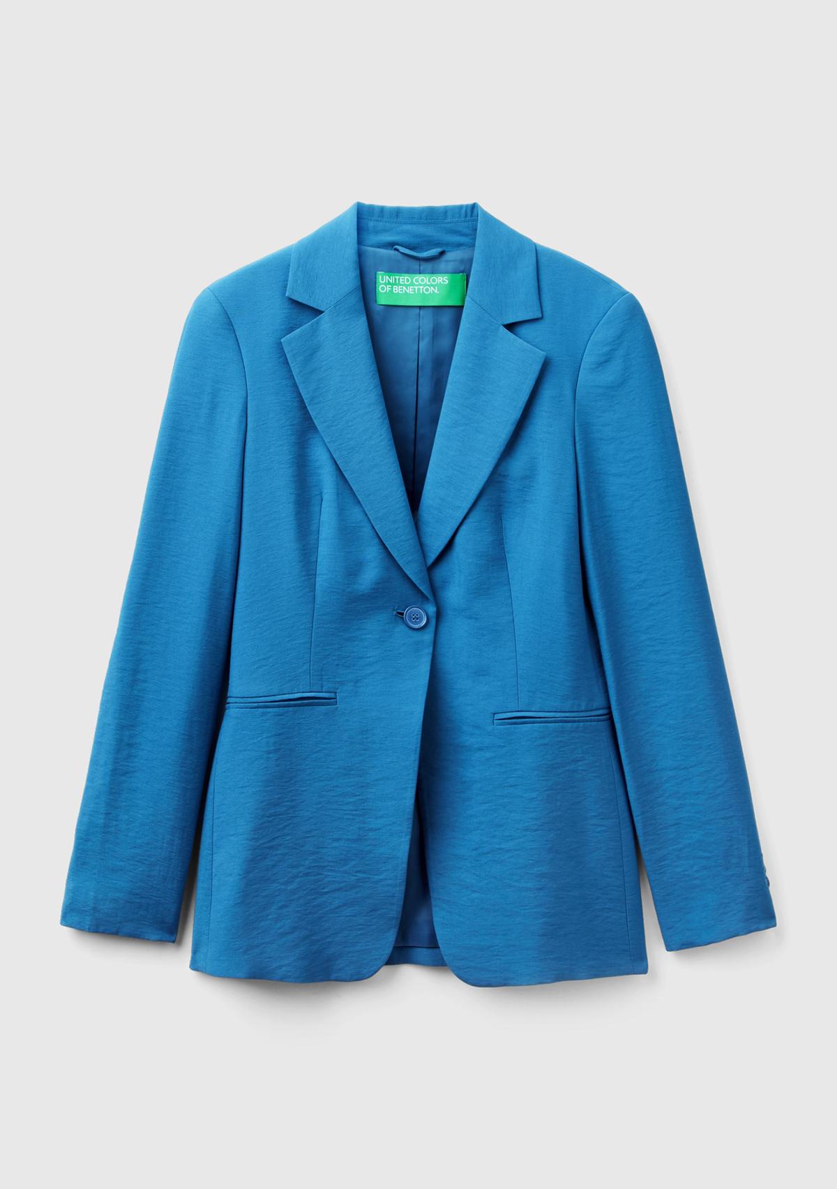 Kadın Koyu Mavi Viskoz Karışımlı Slim Fit Blazer Ceket