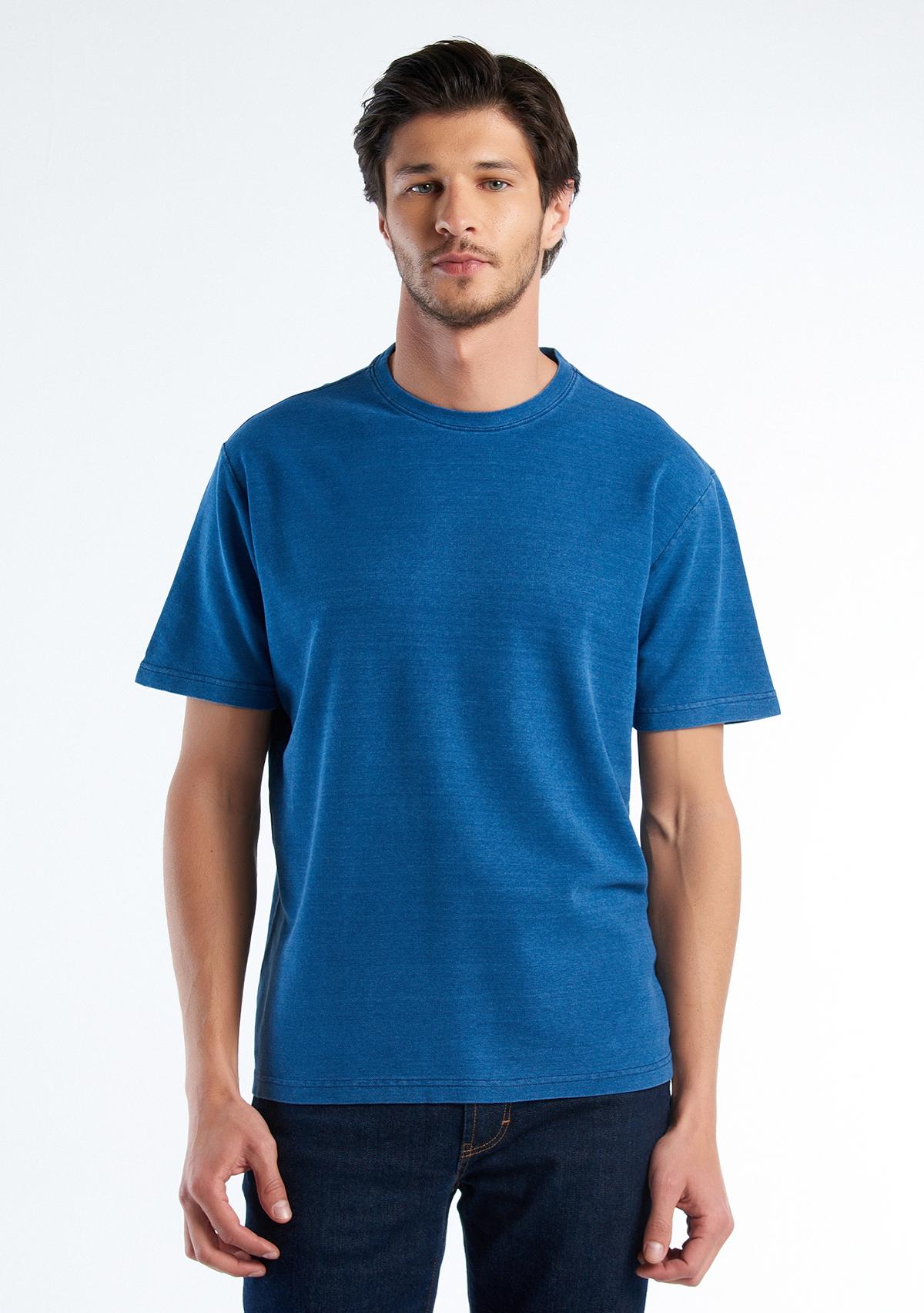 Erkek Mavi %100 Pamuk Arkası Logo İşlemeli Bisiklet Yaka Basic T-Shirt