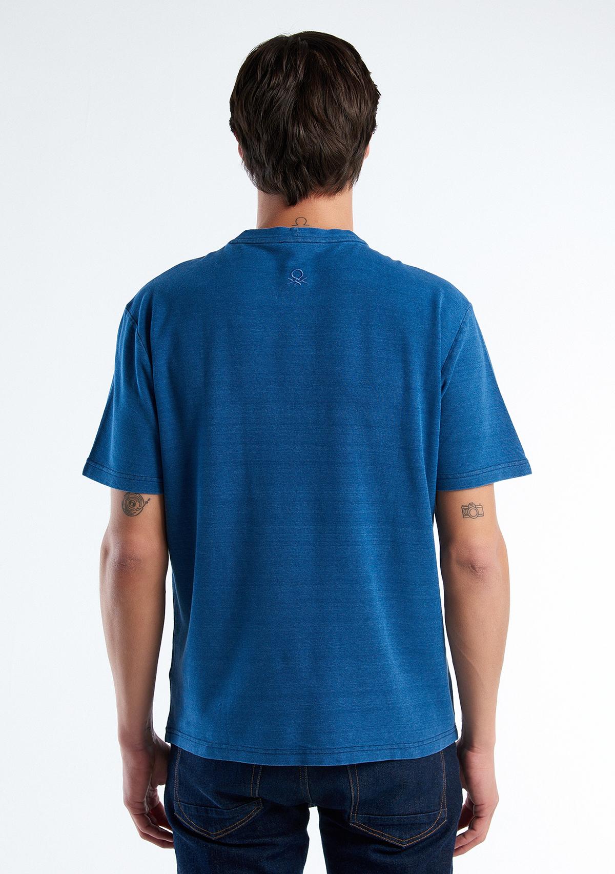 Erkek Mavi %100 Pamuk Arkası Logo İşlemeli Bisiklet Yaka Basic T-Shirt