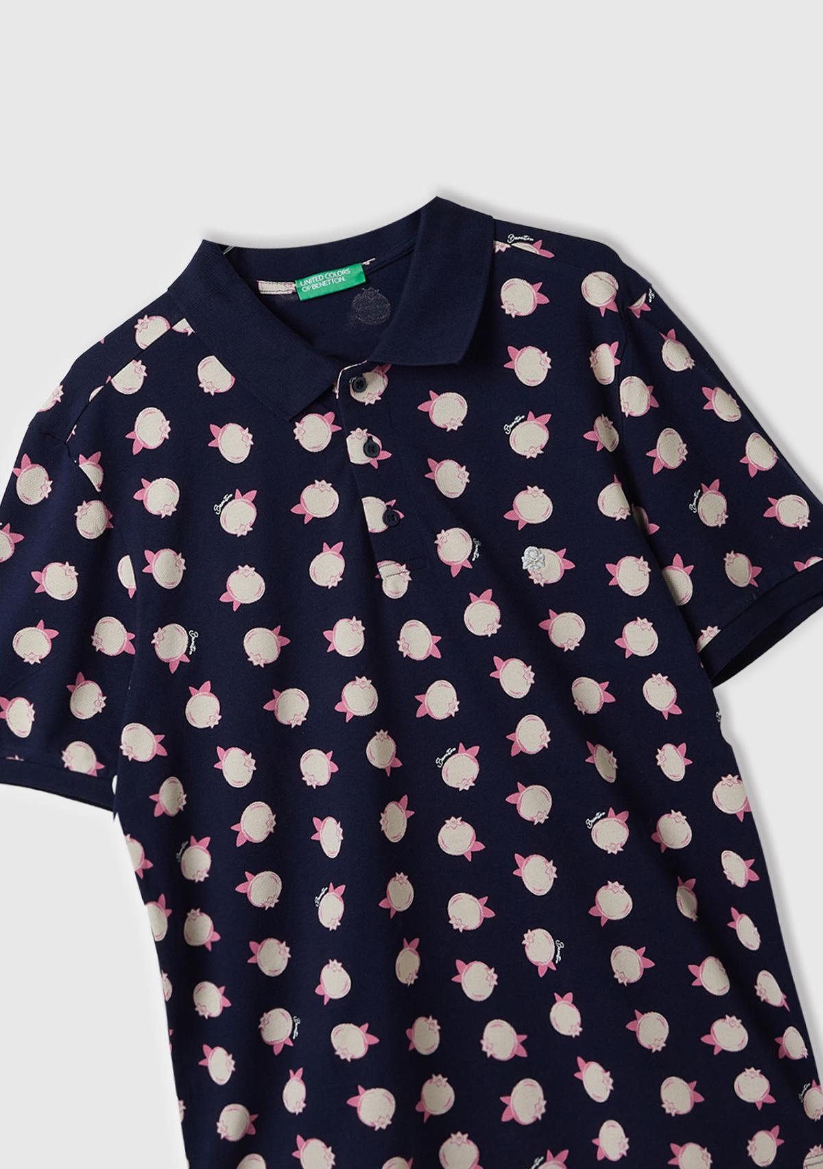 Erkek Lacivert Mix %100 Pamuk Tamamı Meyve Desenli Polo Yaka T-Shirt