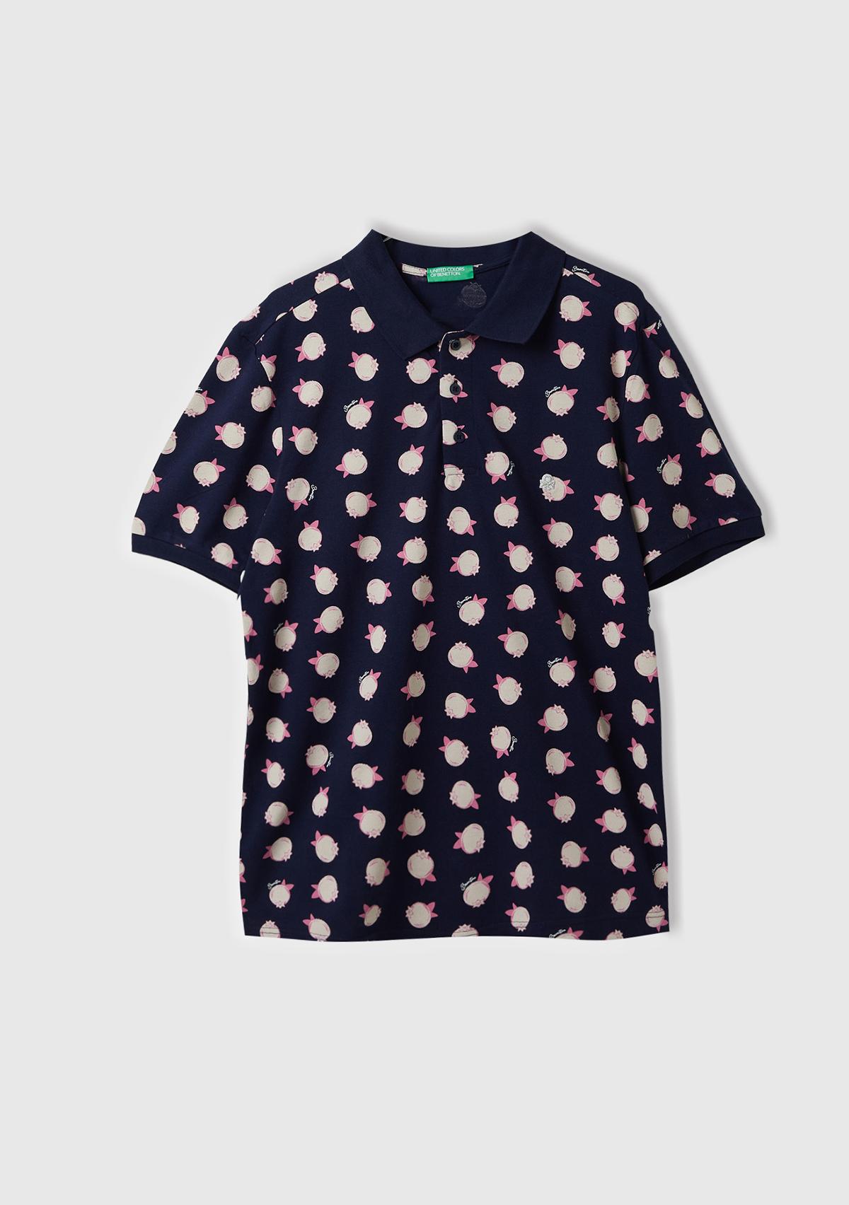 Erkek Lacivert Mix %100 Pamuk Tamamı Meyve Desenli Polo Yaka T-Shirt