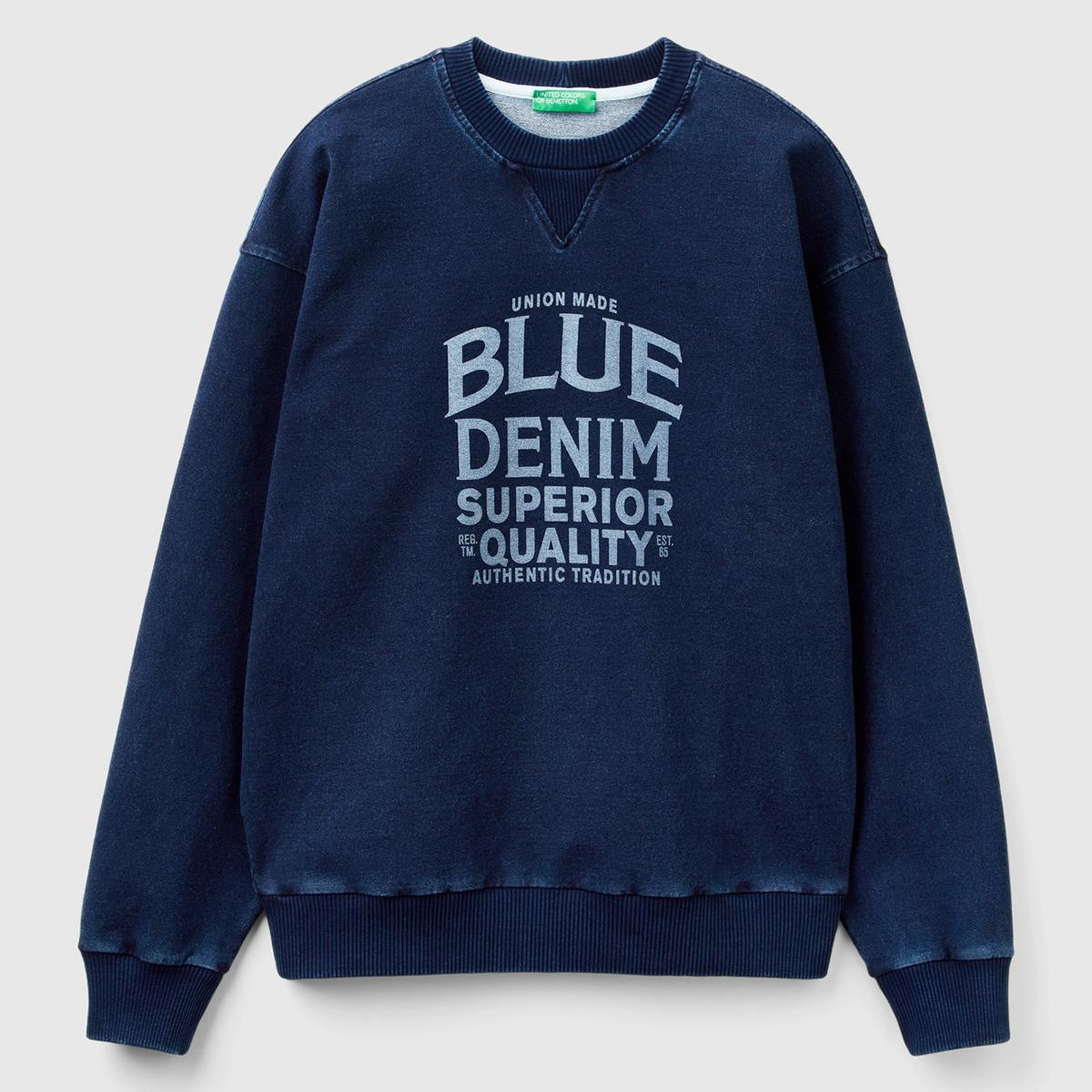 Erkek İndigo Koton Karışımlı Indigo Efekt Slogan Baskılı Sweatshirt