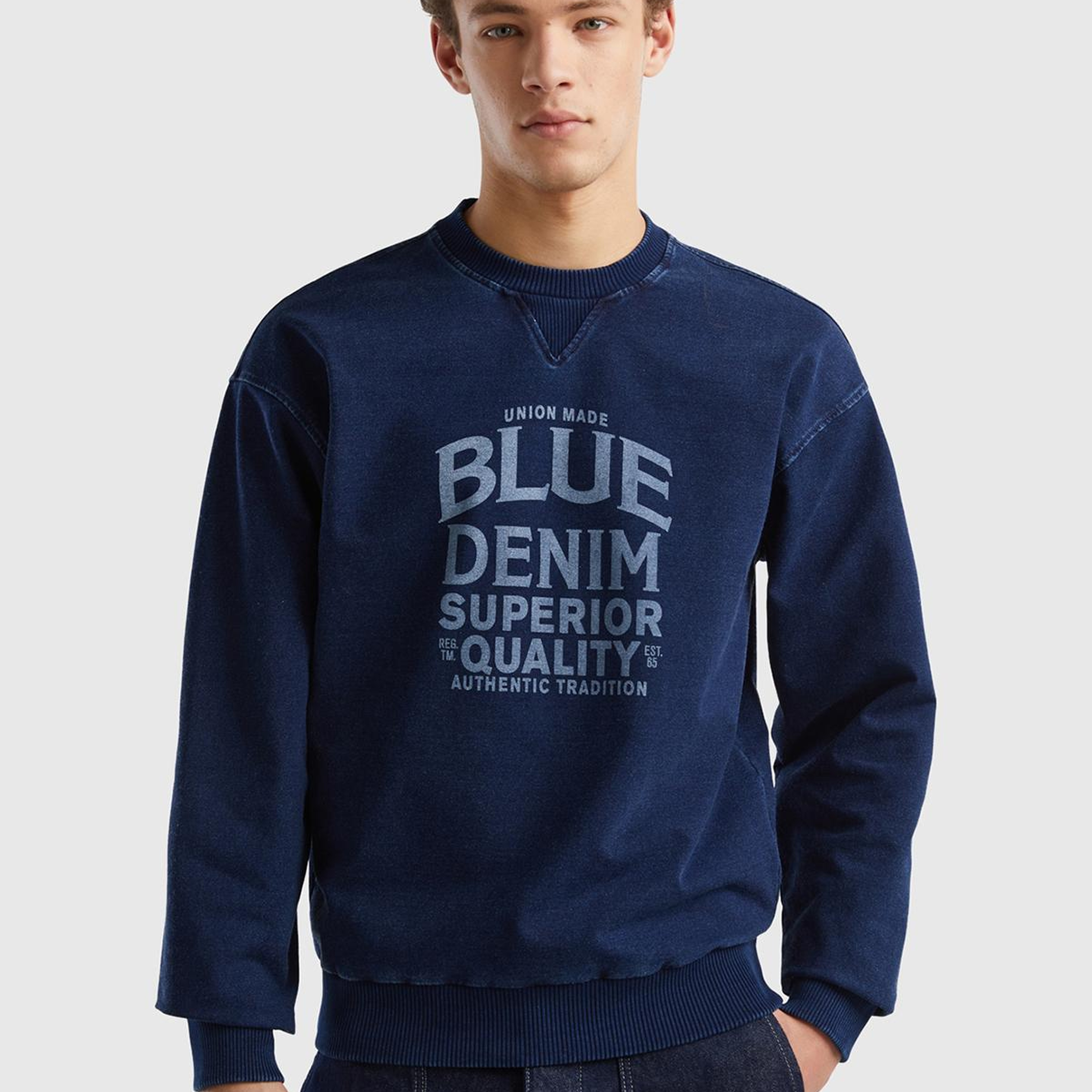 Erkek İndigo Koton Karışımlı Indigo Efekt Slogan Baskılı Sweatshirt