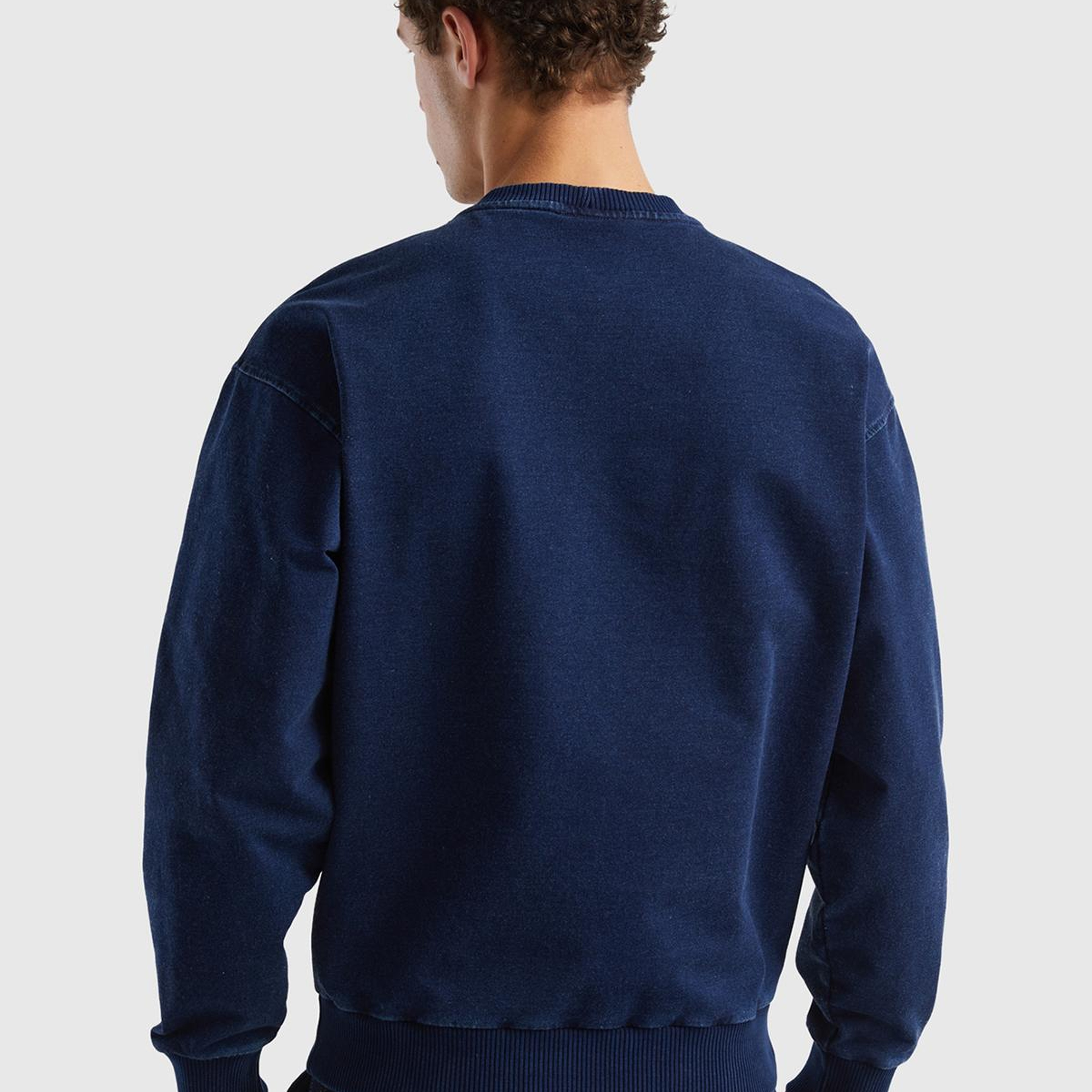 Erkek İndigo Koton Karışımlı Indigo Efekt Slogan Baskılı Sweatshirt