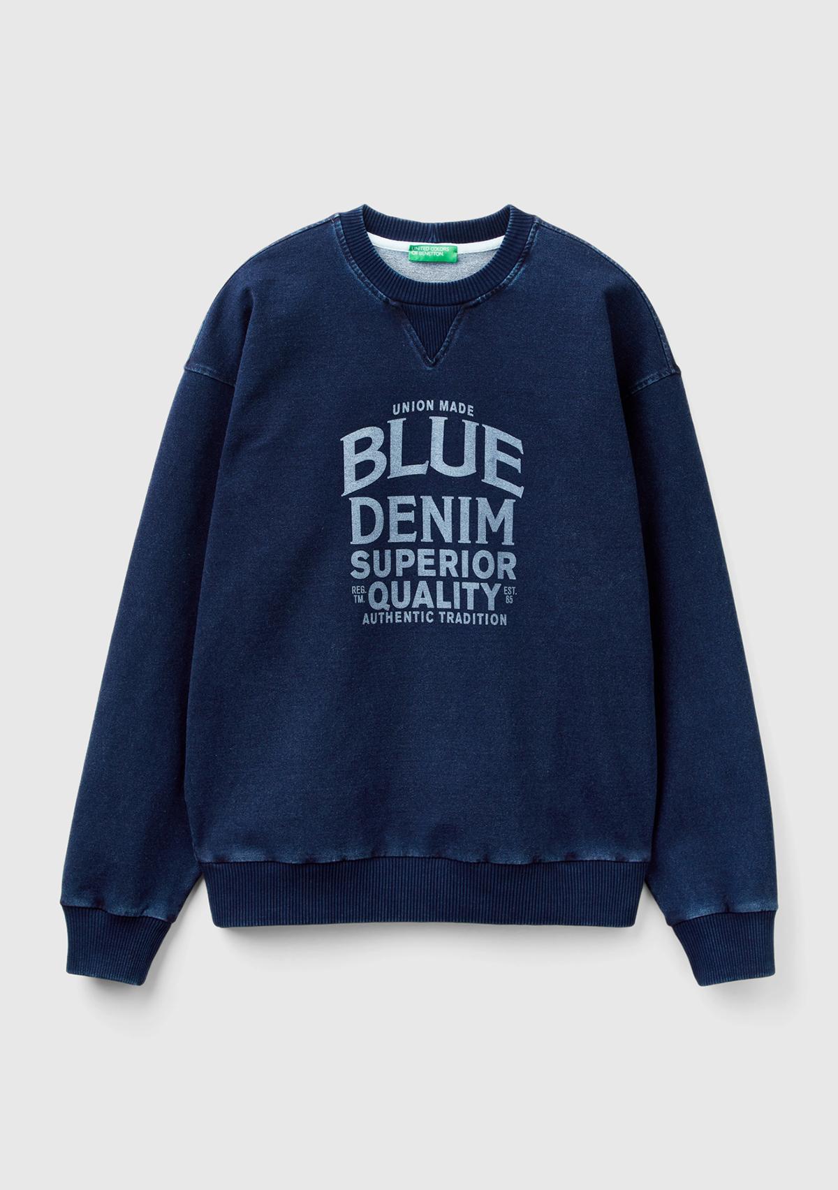 Erkek İndigo Koton Karışımlı Indigo Efekt Slogan Baskılı Sweatshirt