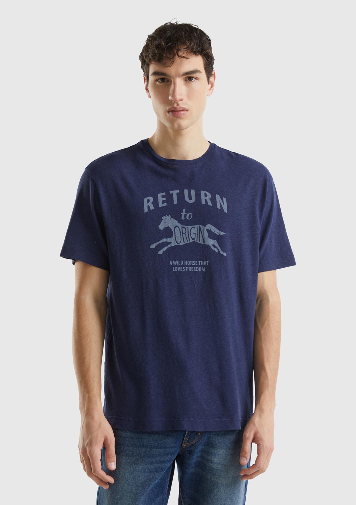 Erkek Koyu Lacivert Keten Karışımlı Bisiklet Yaka Düz Kalıp Basic T-Shirt