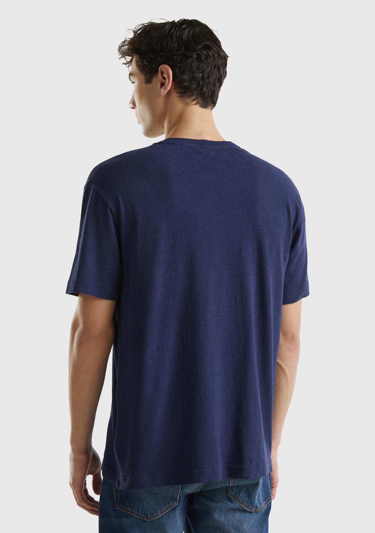 Erkek Koyu Lacivert Keten Karışımlı Bisiklet Yaka Düz Kalıp Basic T-Shirt