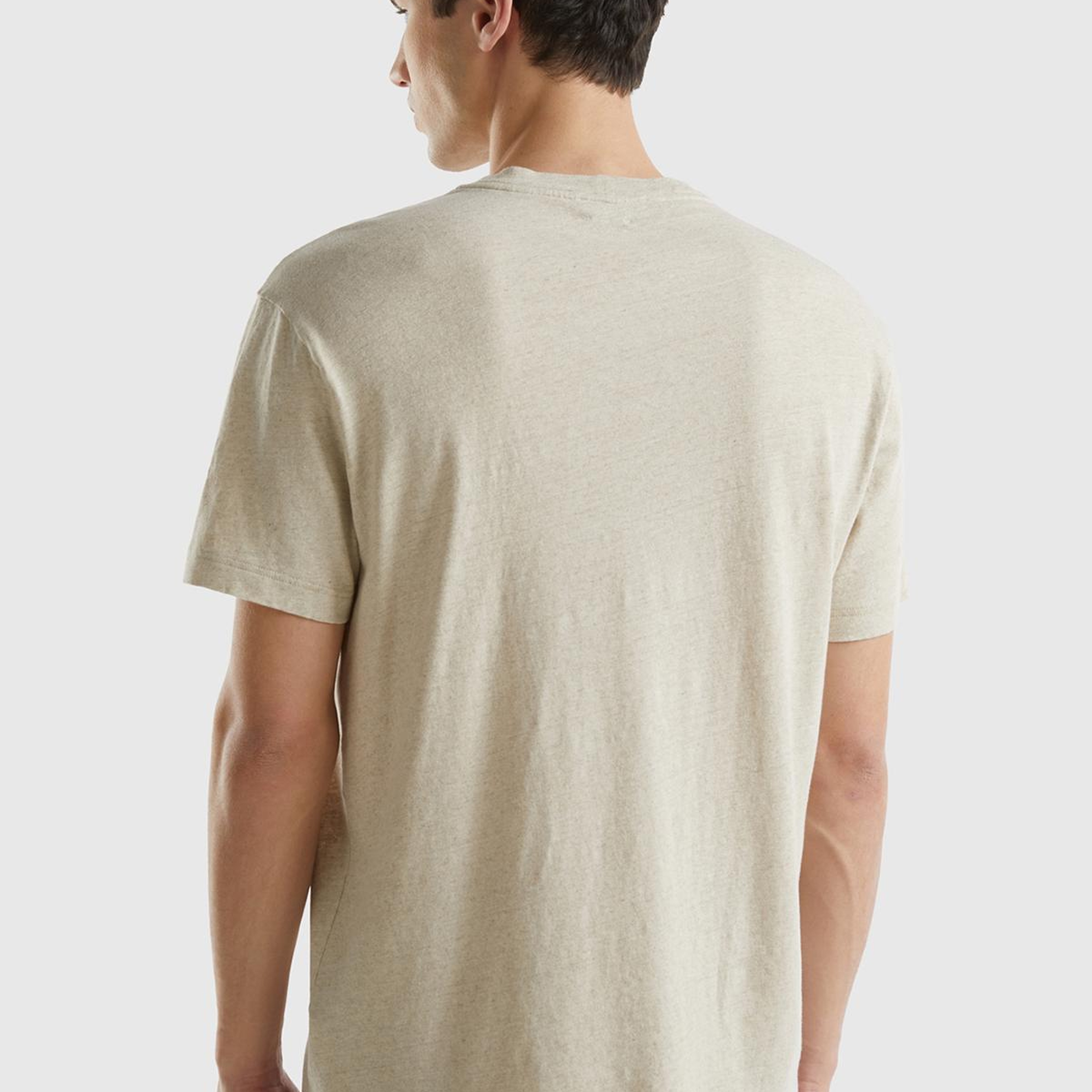 Erkek Bej Keten Karışımlı Bisiklet Yaka Düz Kalıp Basic T-Shirt