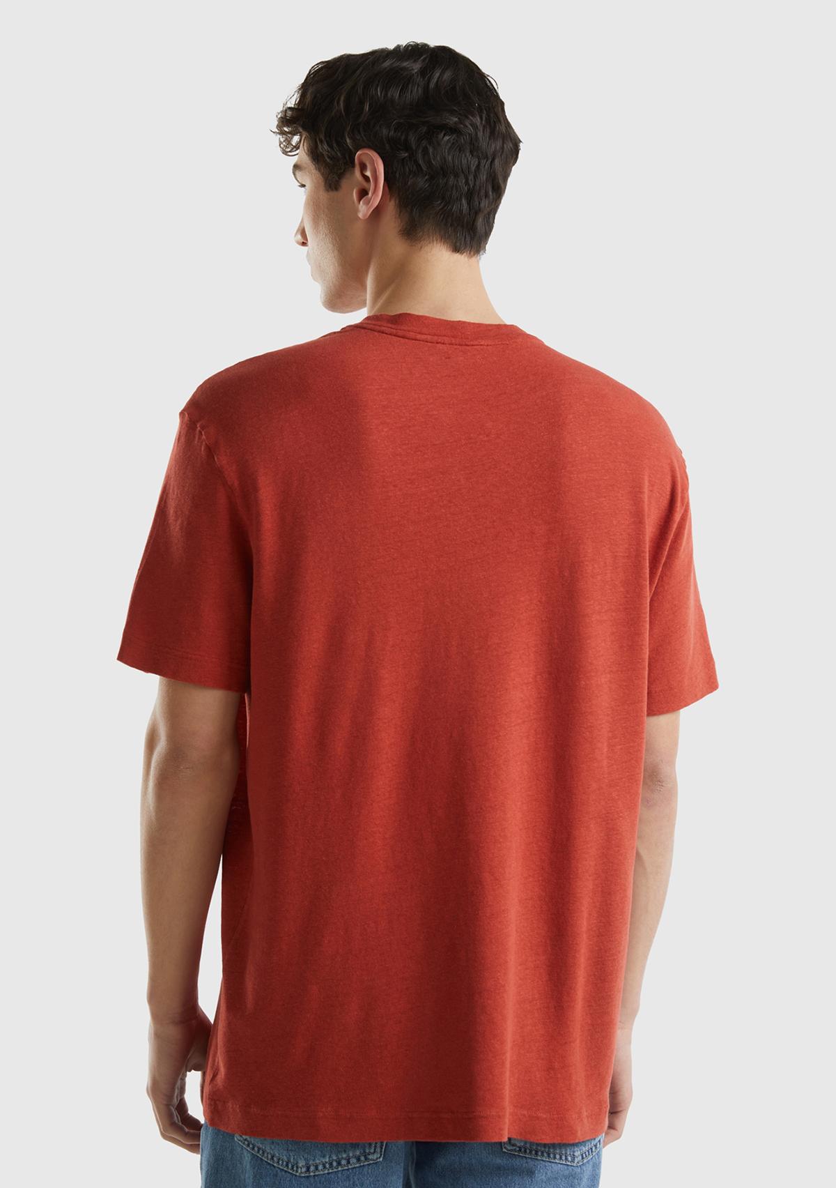 Erkek Turuncu Keten Karışımlı Bisiklet Yaka Düz Kalıp Basic T-Shirt