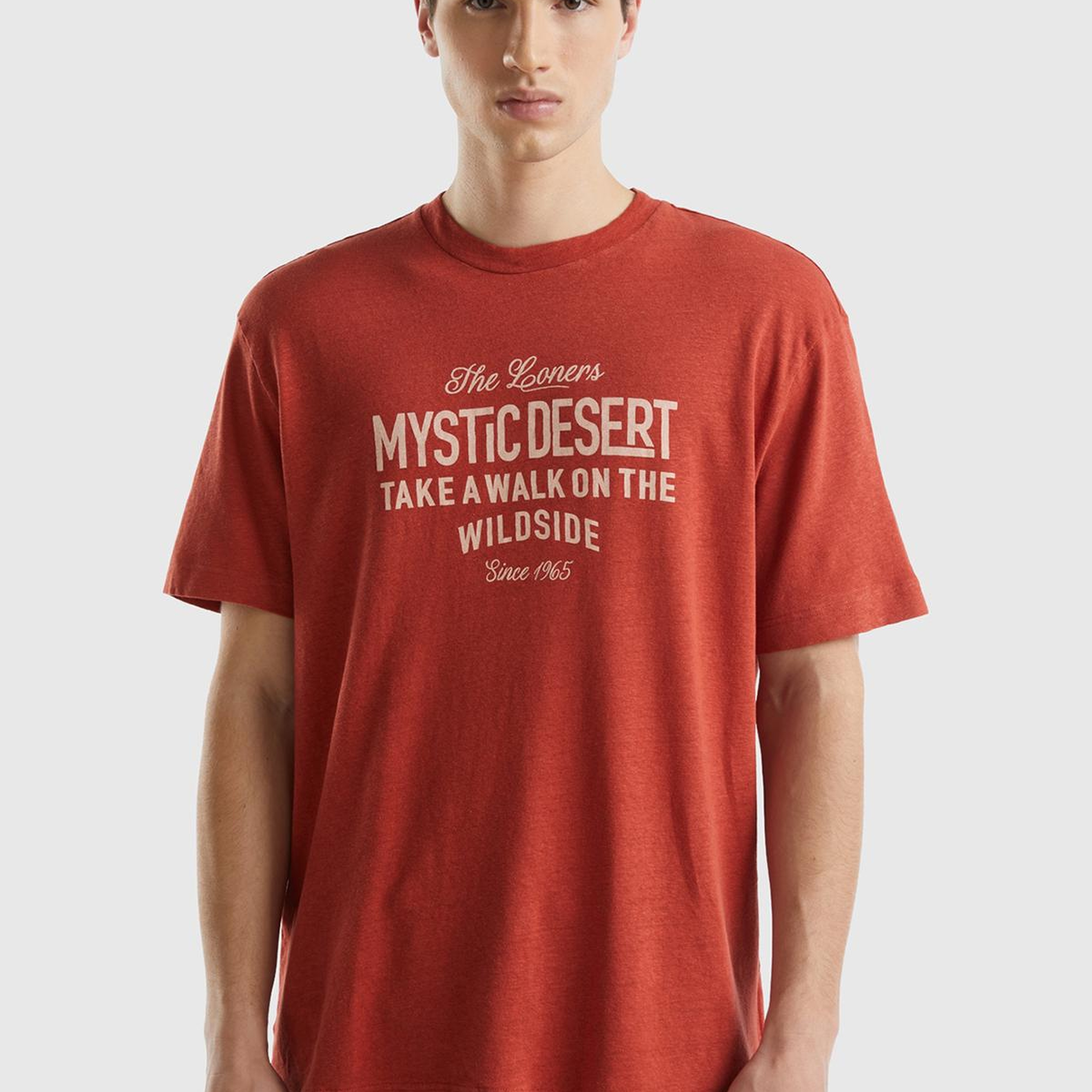 Erkek Turuncu Keten Karışımlı Bisiklet Yaka Düz Kalıp Basic T-Shirt