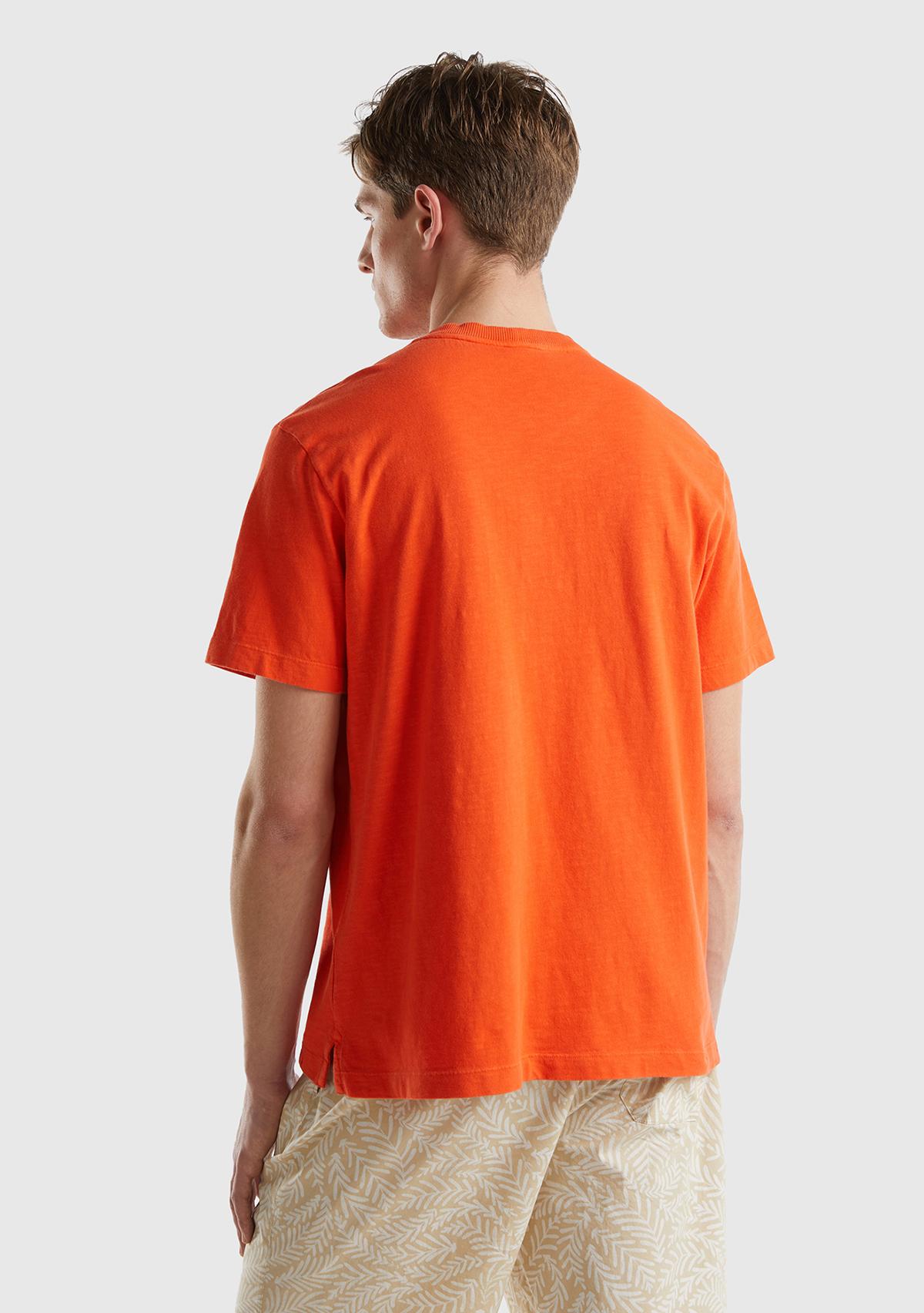 Erkek Turuncu  %100 Pamuk Tek Renkli Rahat Kesim Bisiklet Yaka T-Shirt