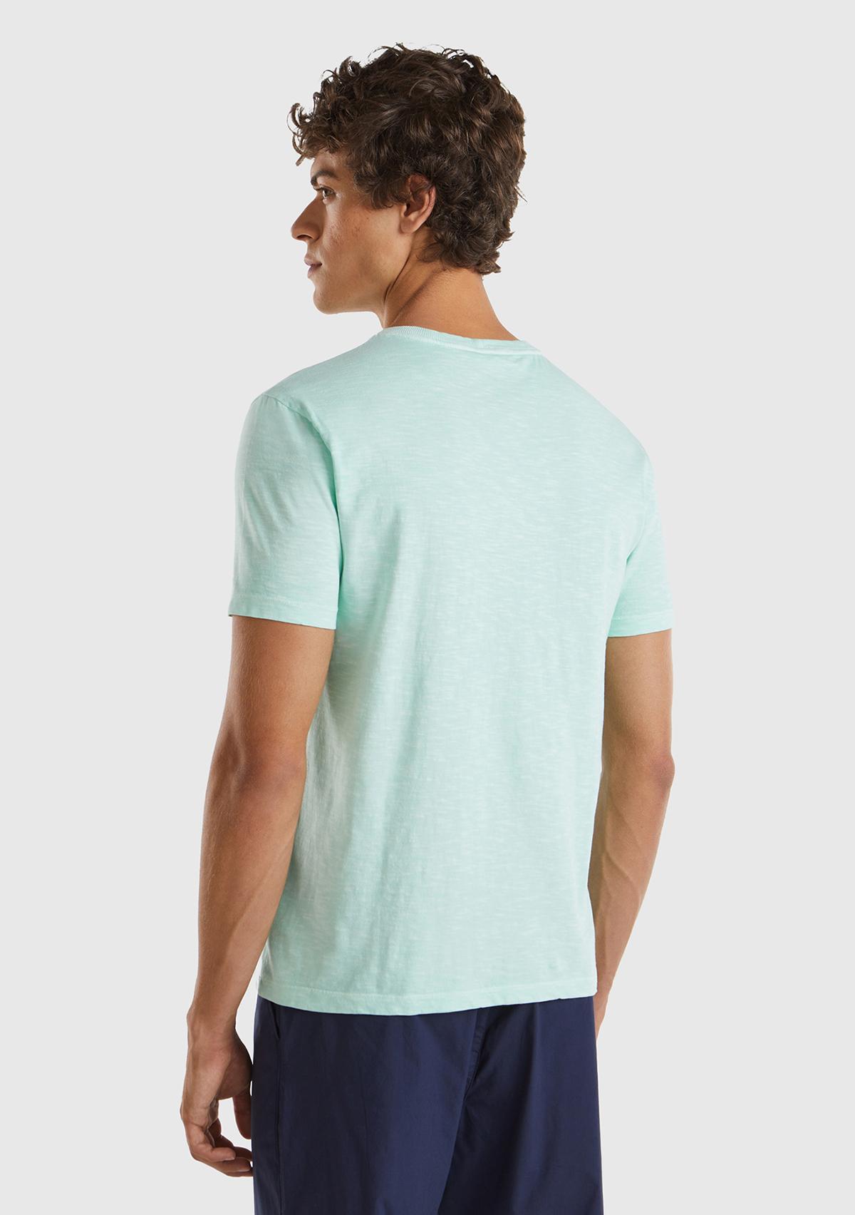 Erkek Açık Yeşil %100 Pamuk Önü ve Arkası Grafik Baskılı Bisiklet Yaka T-Shirt