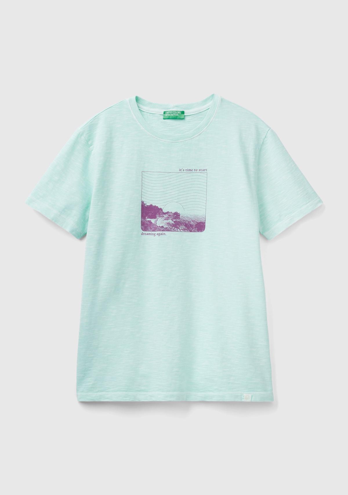 Erkek Açık Yeşil %100 Pamuk Önü ve Arkası Grafik Baskılı Bisiklet Yaka T-Shirt