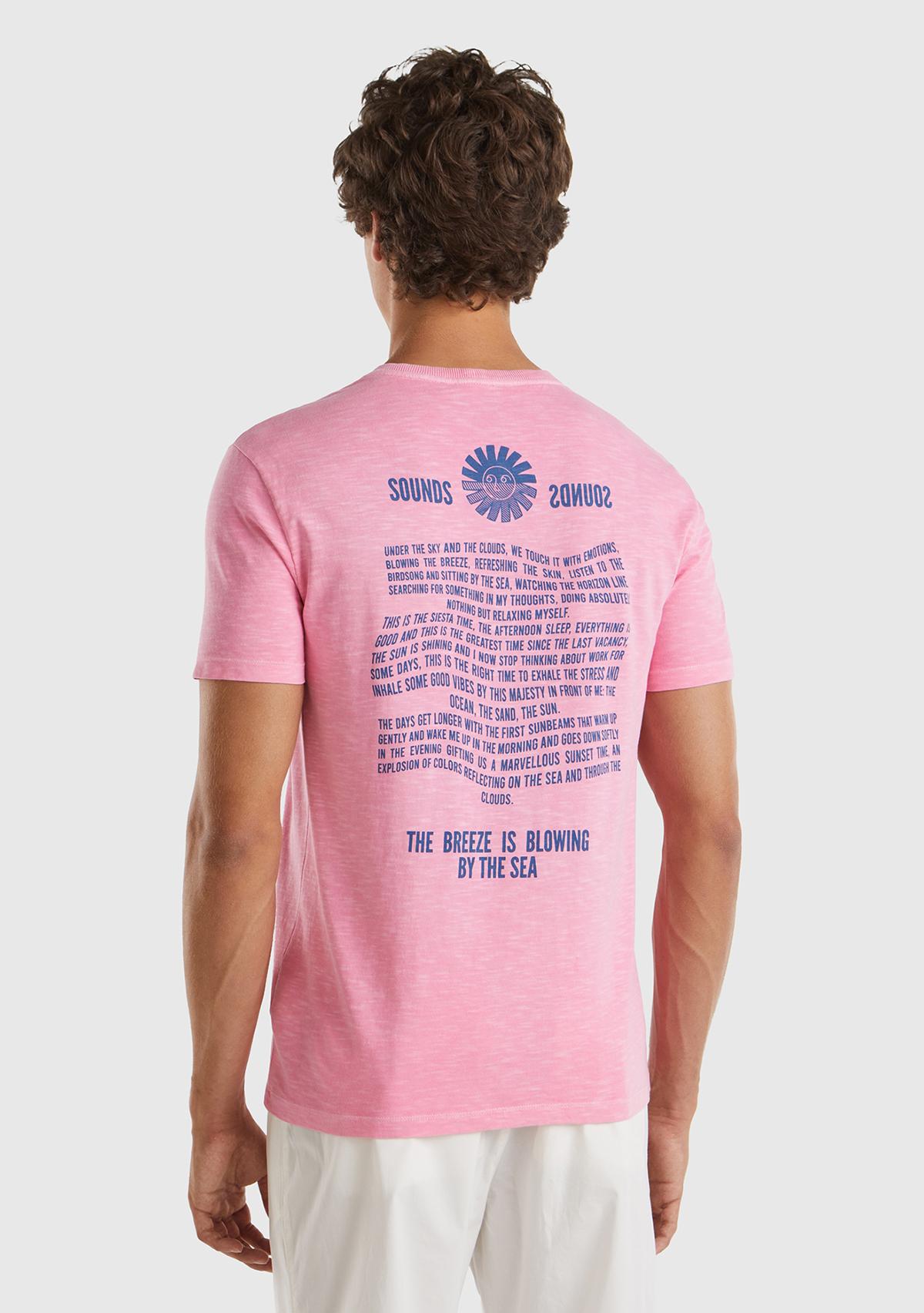 Erkek Pembe %100 Pamuk Önü ve Arkası Grafik Baskılı Bisiklet Yaka T-Shirt