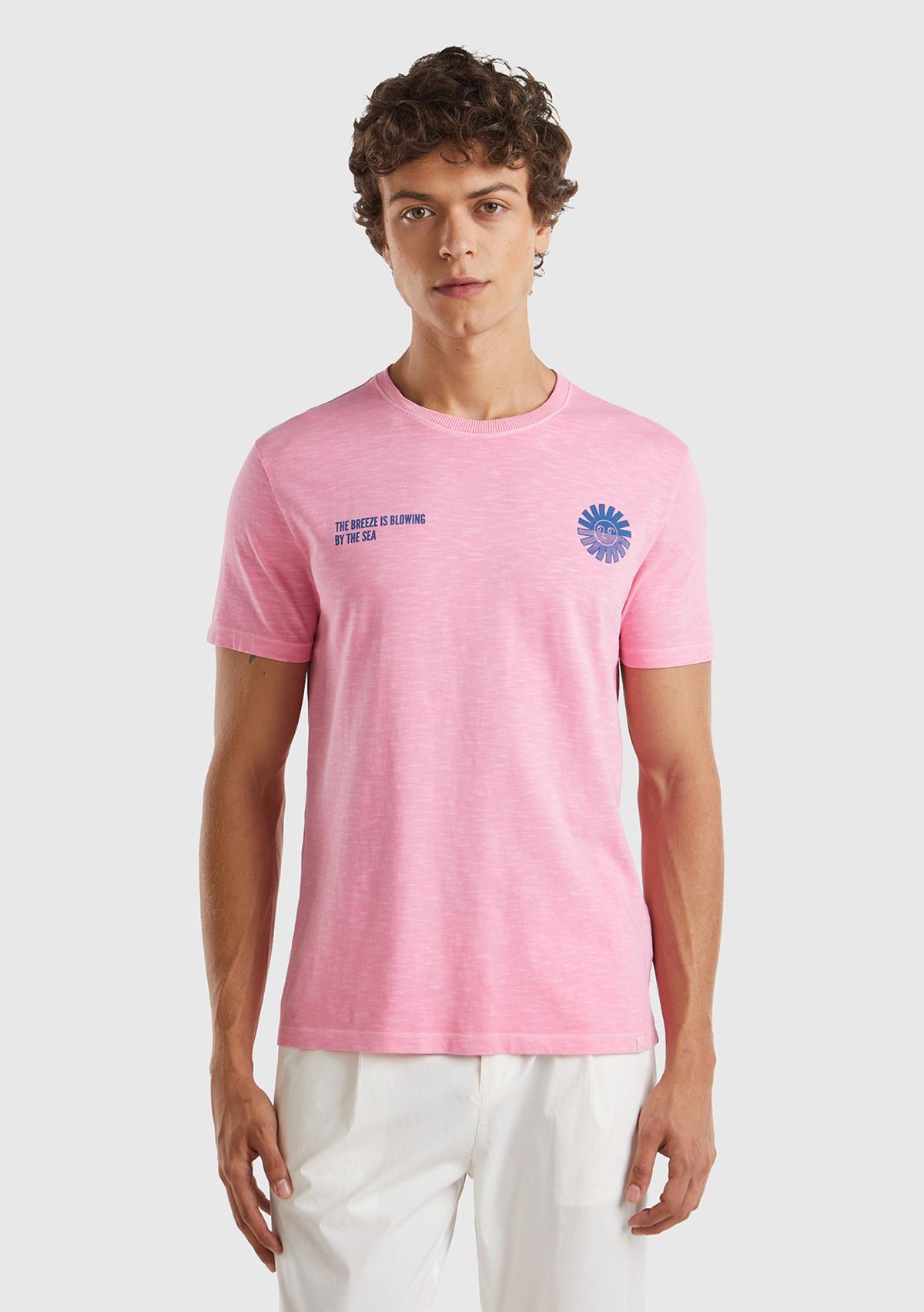 Erkek Pembe %100 Pamuk Önü ve Arkası Grafik Baskılı Bisiklet Yaka T-Shirt