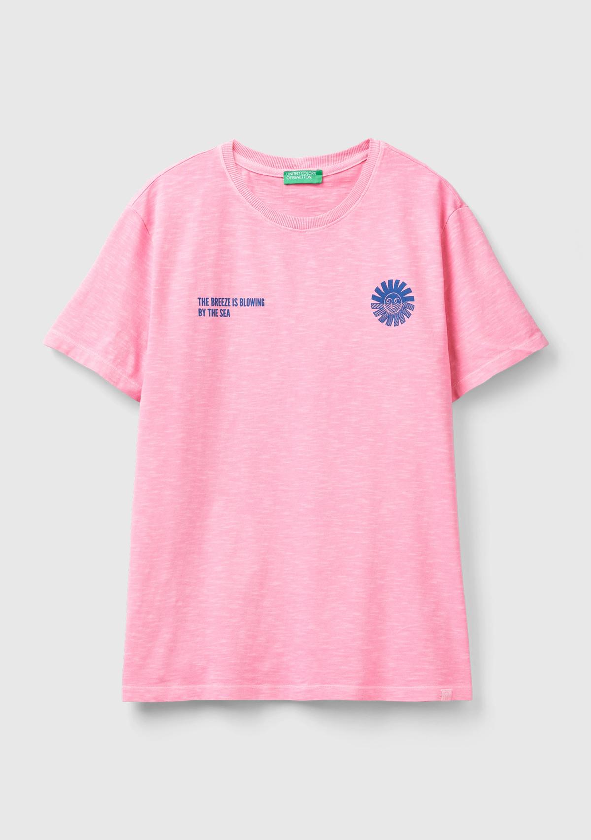 Erkek Pembe %100 Pamuk Önü ve Arkası Grafik Baskılı Bisiklet Yaka T-Shirt