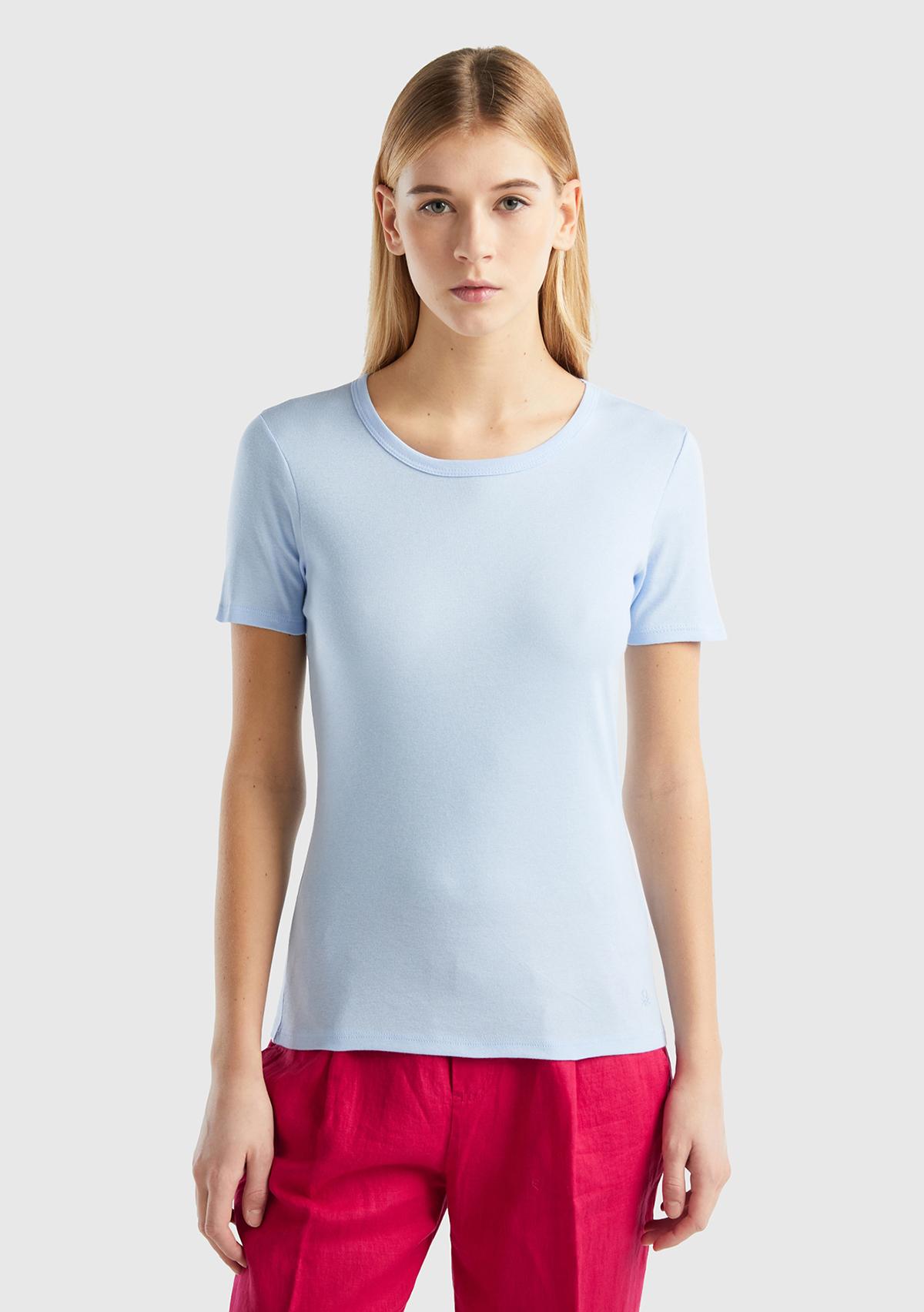 Kadın Açık Mavi %100 Koton Basic Kısa Kollu Bisiklet Yaka T-Shirt