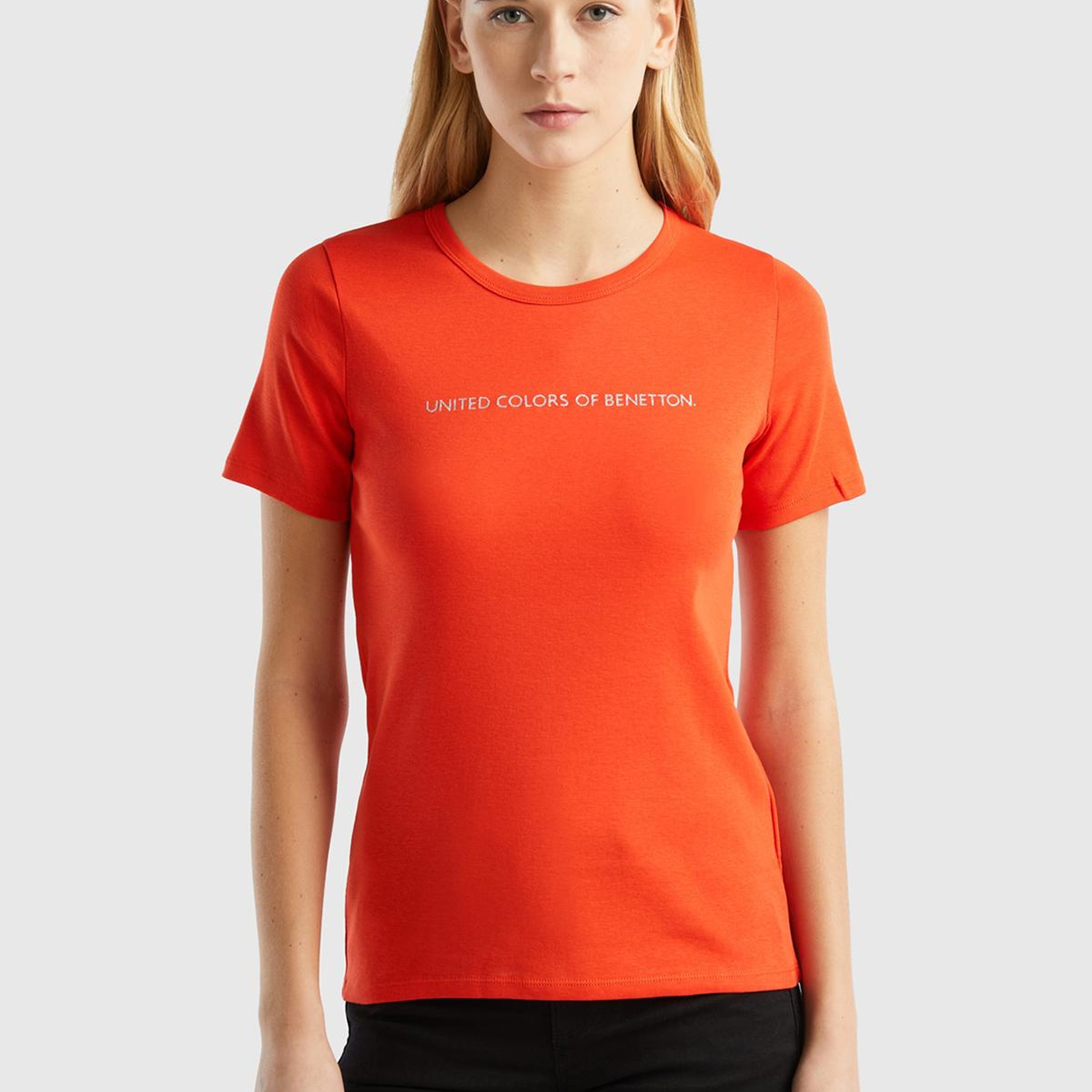 Kadın Kırmızı %100 Koton Benetton Yazılı Basic T-Shirt