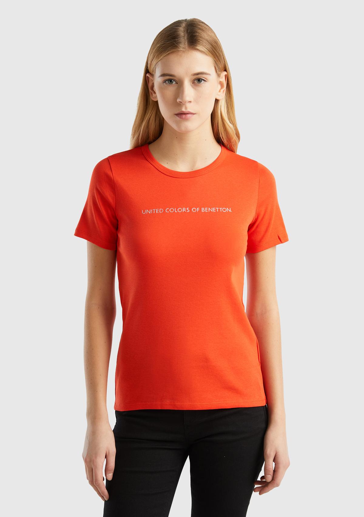 Kadın Kırmızı %100 Koton Benetton Yazılı Basic T-Shirt