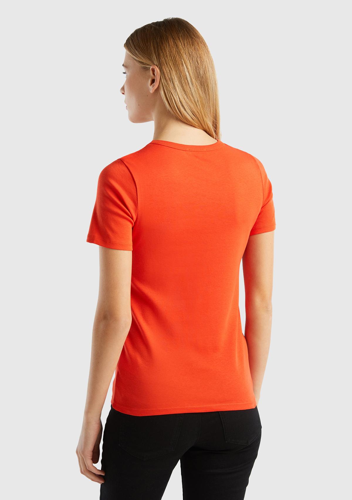 Kadın Kırmızı %100 Koton Benetton Yazılı Basic T-Shirt