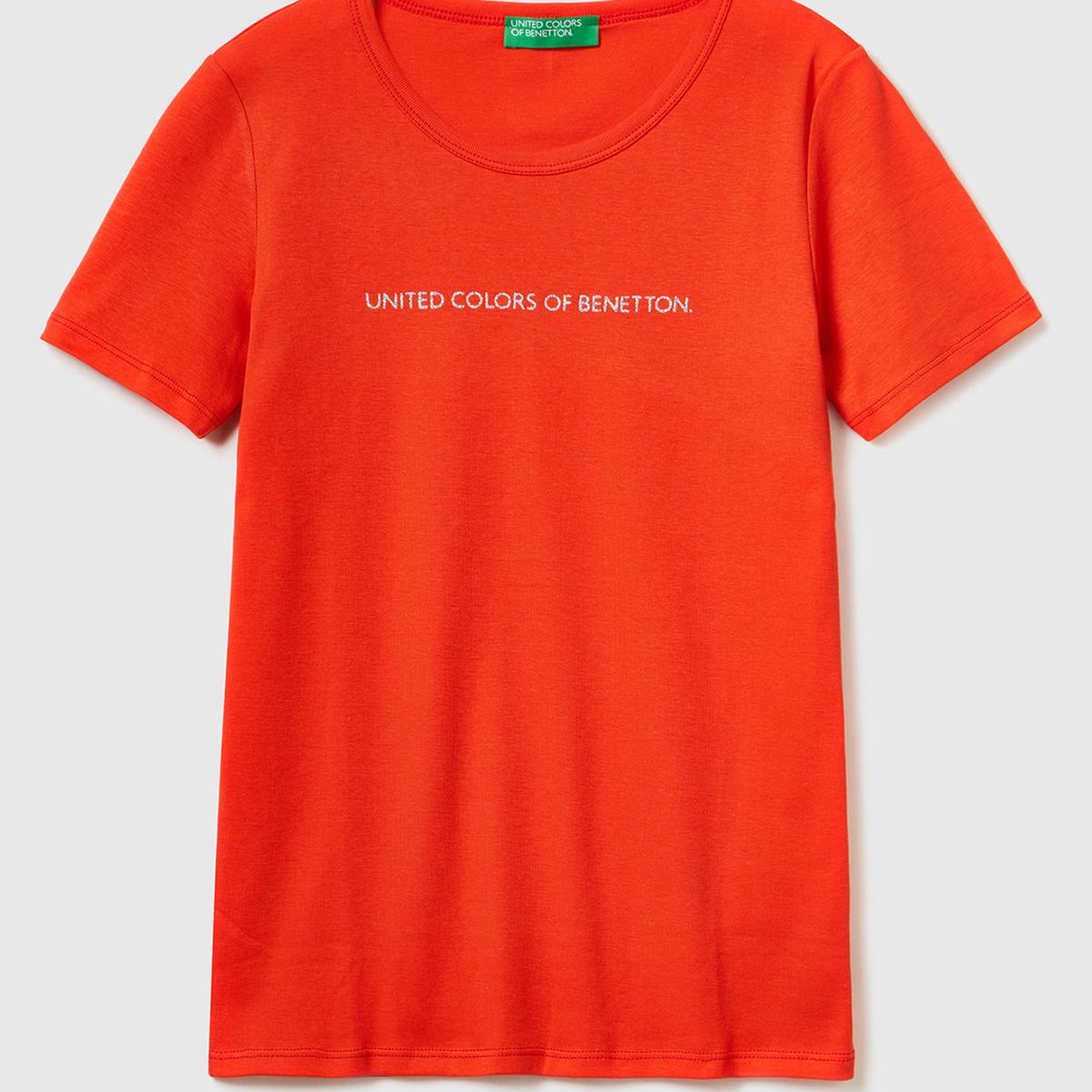 Kadın Kırmızı %100 Koton Benetton Yazılı Basic T-Shirt
