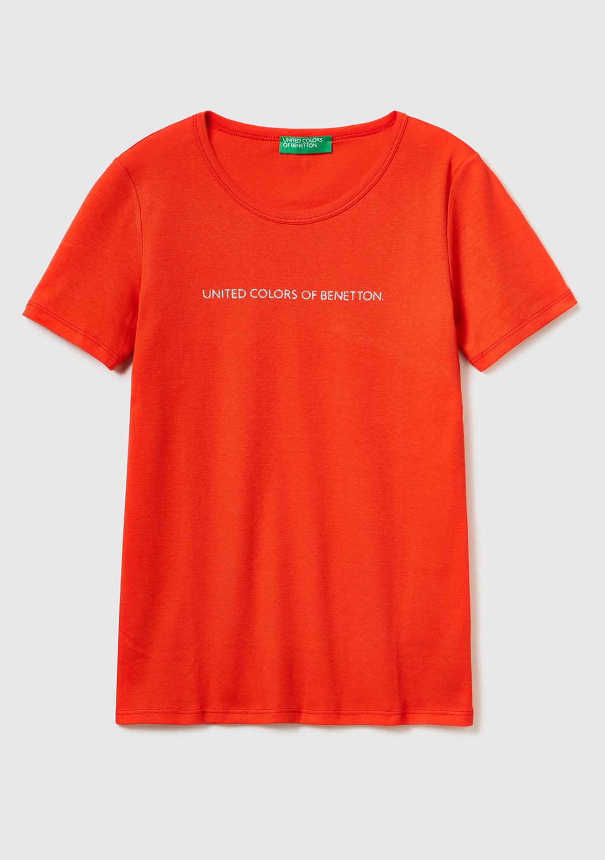 Kadın Kırmızı %100 Koton Benetton Yazılı Basic T-Shirt