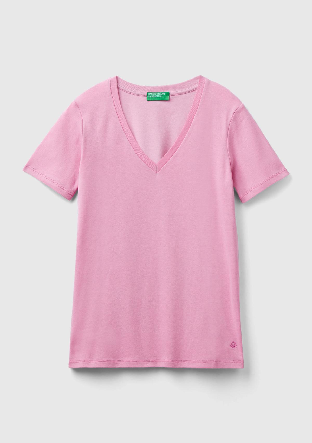 Kadın Açık Pembe %100 Pamuk V Yaka Basic T-Shirt
