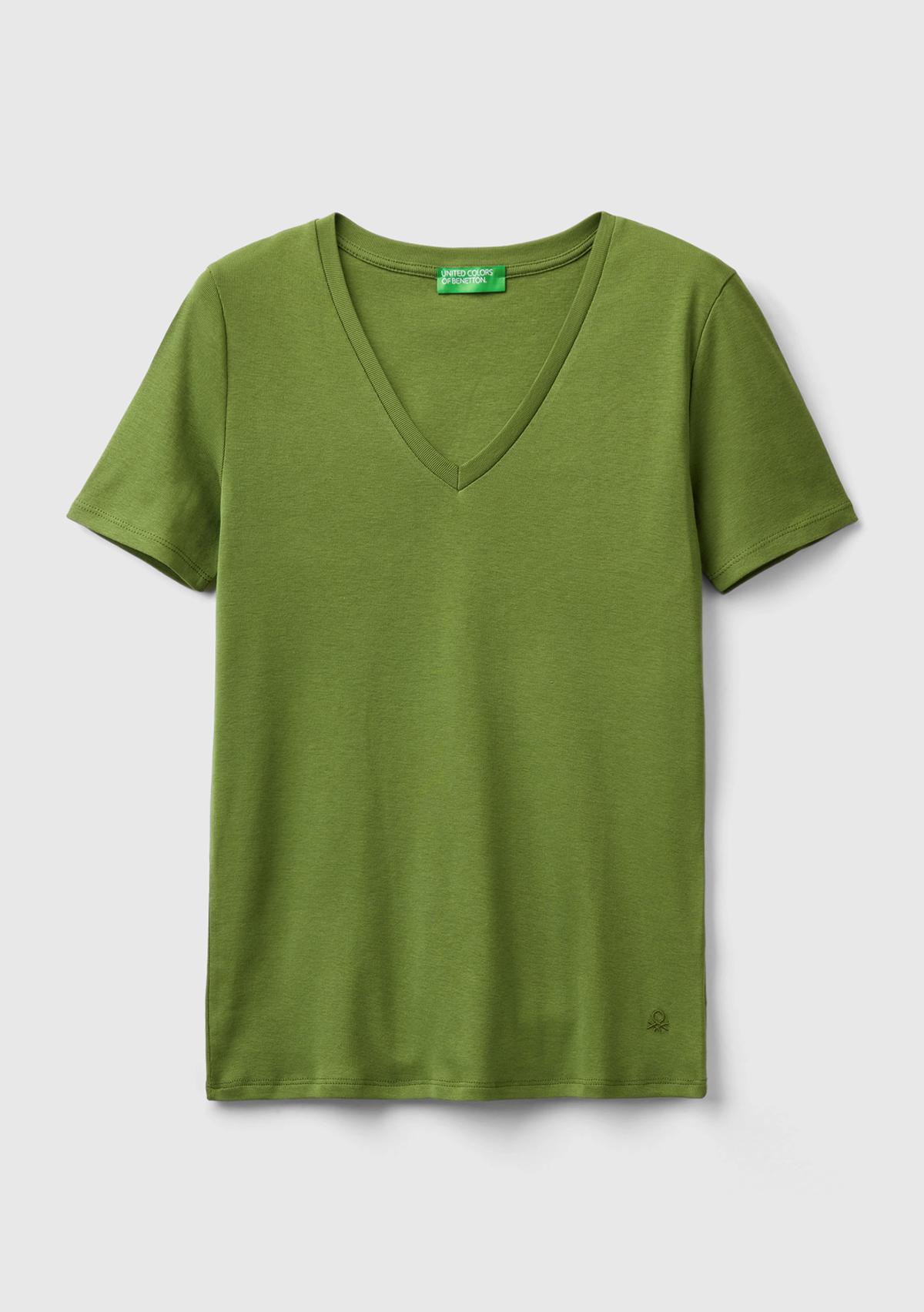 Kadın Soluk Yeşil %100 Pamuk V Yaka Basic T-Shirt