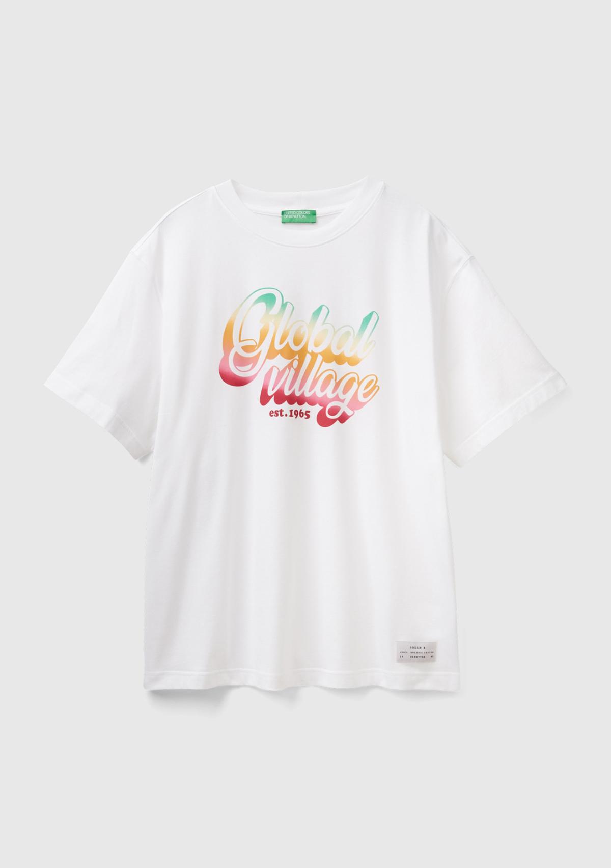 Erkek Beyaz %100 Pamuk Önü Arkası Grafik Baskılı Bisiklet Yaka T-Shirt