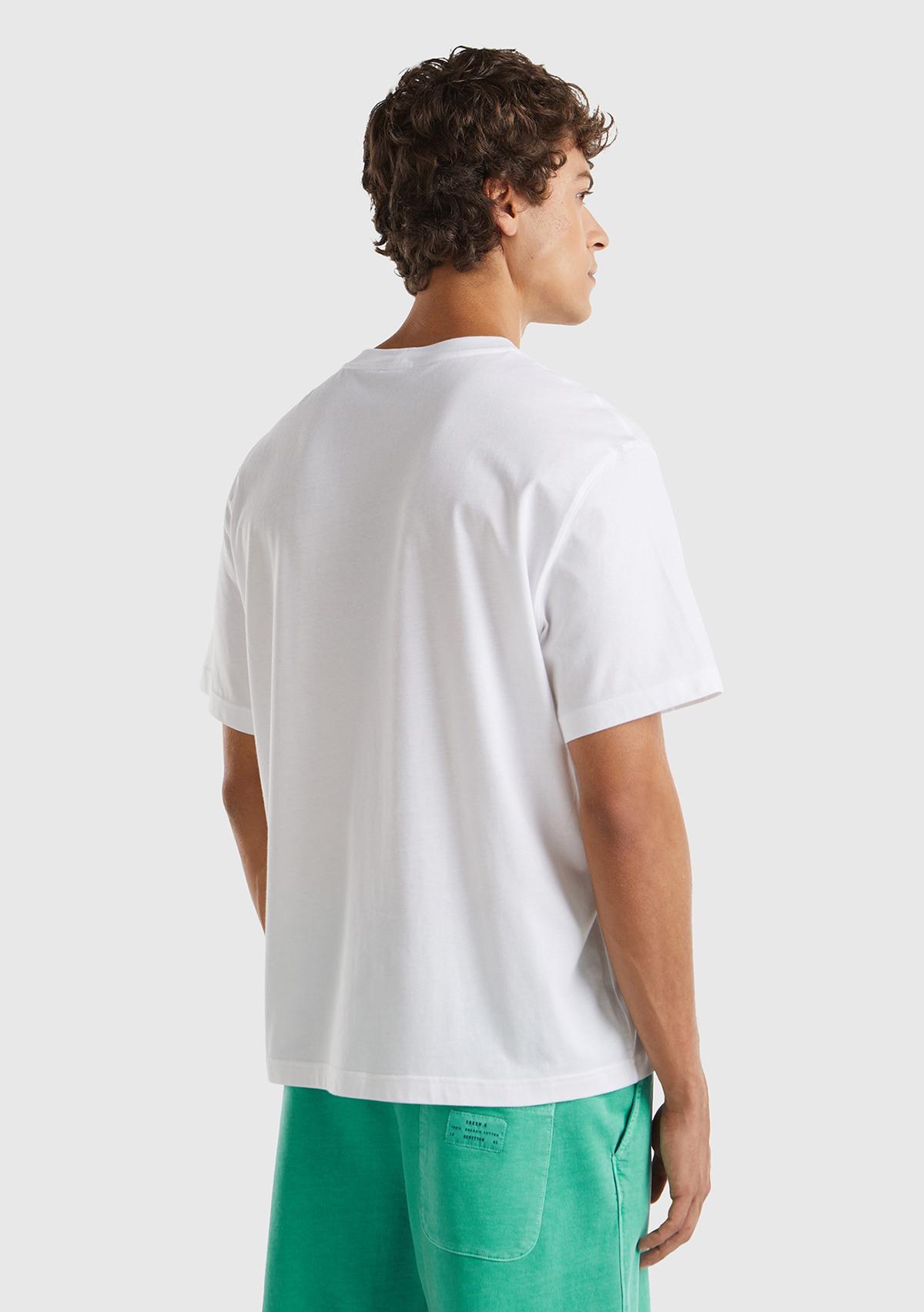 Erkek Beyaz %100 Pamuk Önü Arkası Grafik Baskılı Bisiklet Yaka T-Shirt