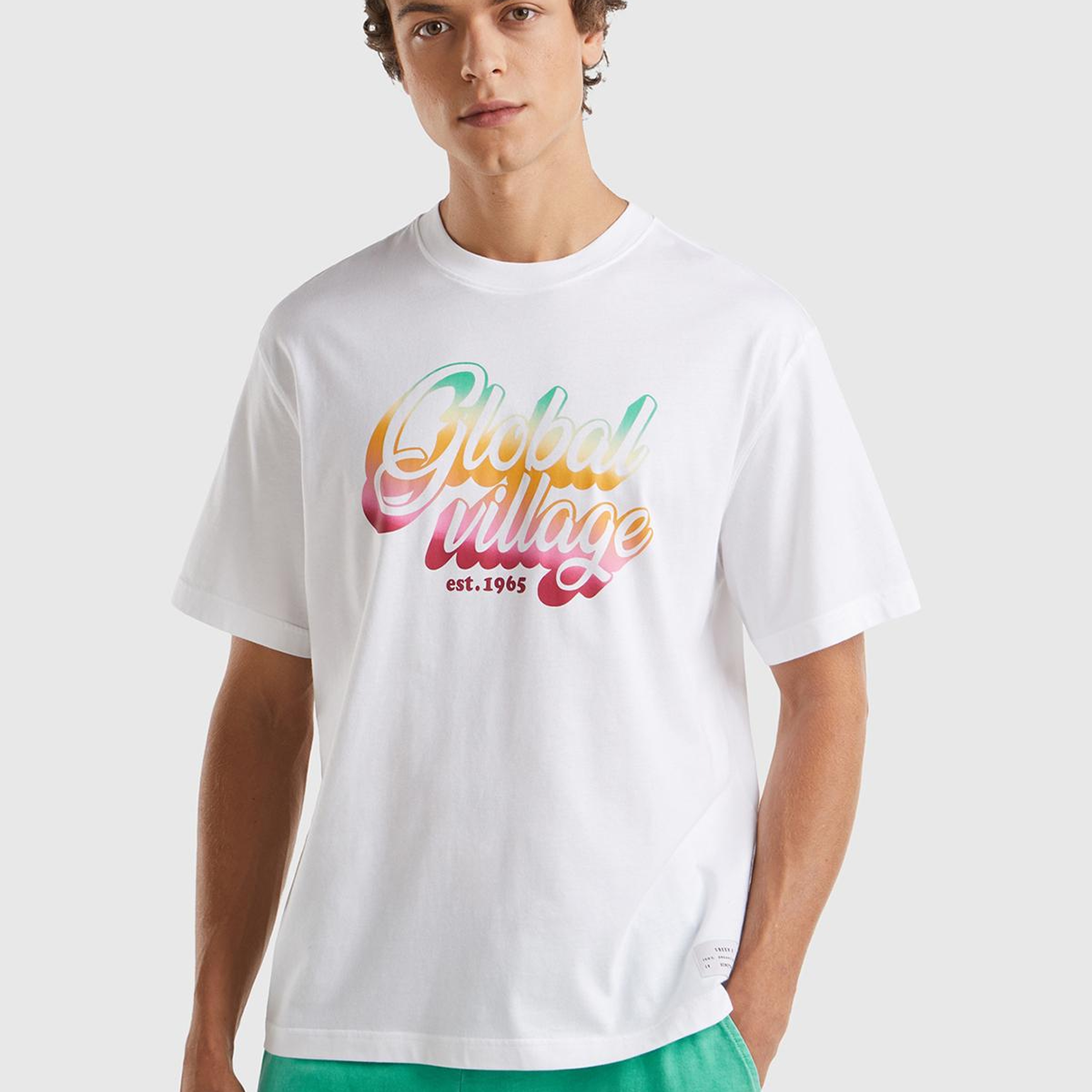 Erkek Beyaz %100 Pamuk Önü Arkası Grafik Baskılı Bisiklet Yaka T-Shirt