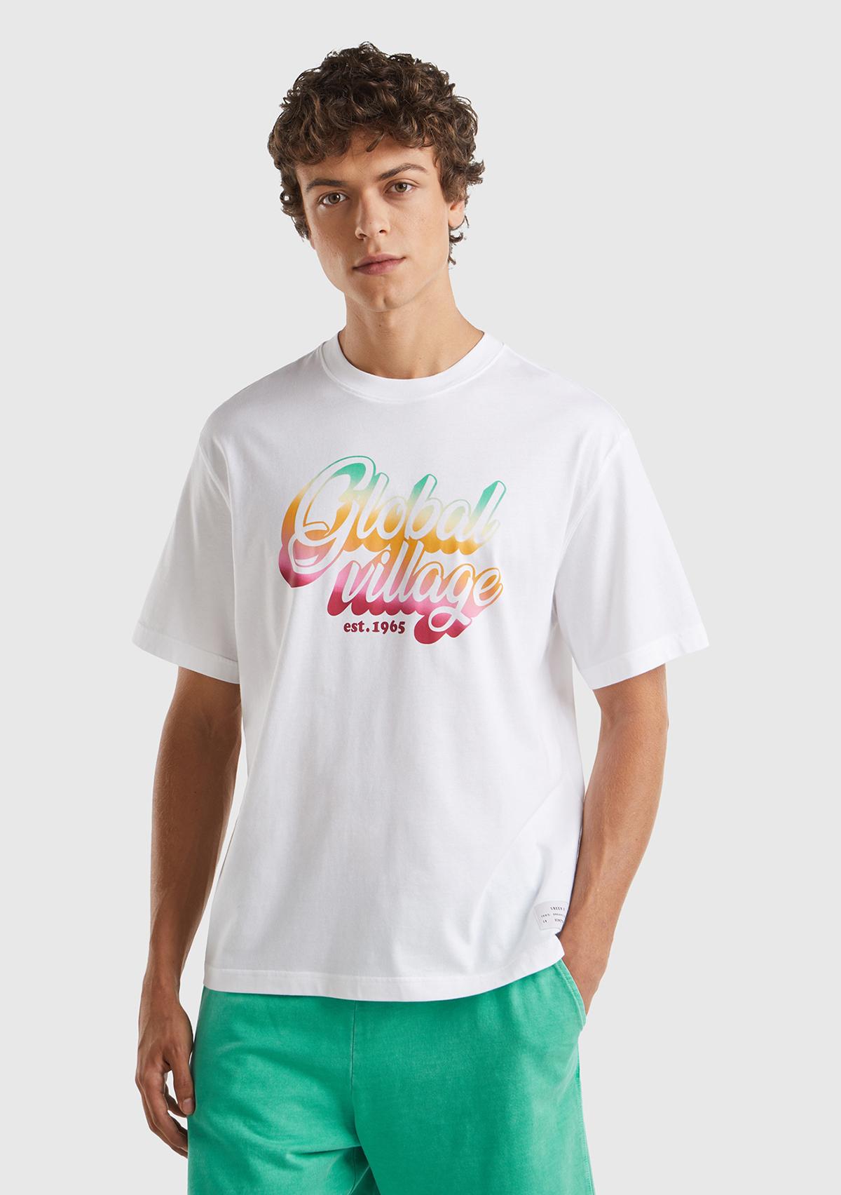 Erkek Beyaz %100 Pamuk Önü Arkası Grafik Baskılı Bisiklet Yaka T-Shirt