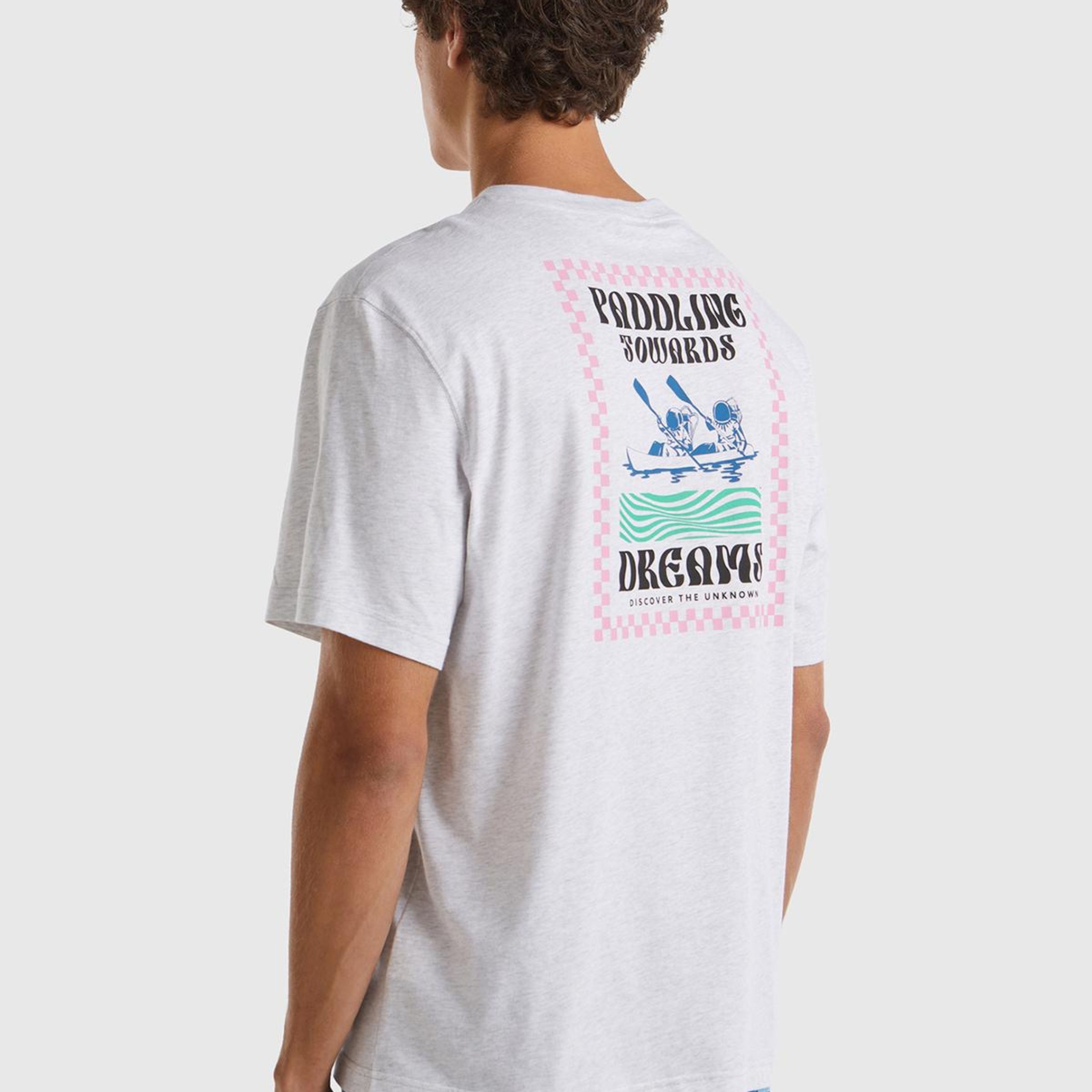 Erkek Açık Gri Melanj %100 Pamuk Önü Arkası Grafik Baskılı Bisiklet Yaka T-Shirt