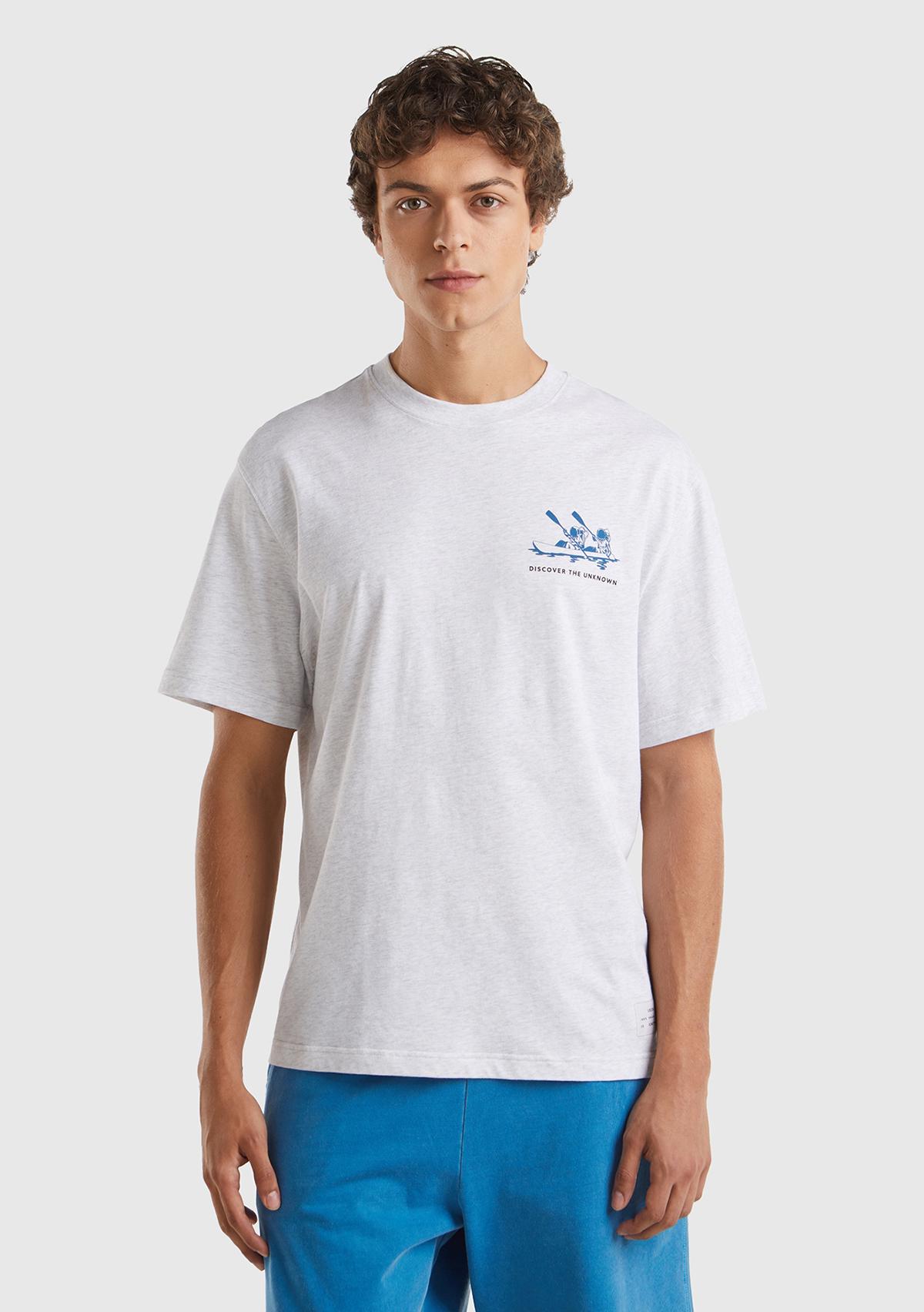 Erkek Açık Gri Melanj %100 Pamuk Önü Arkası Grafik Baskılı Bisiklet Yaka T-Shirt