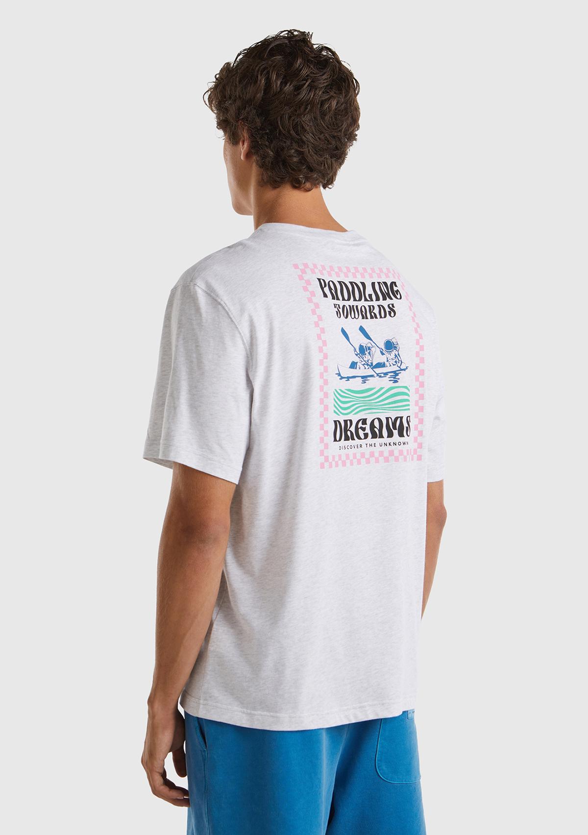 Erkek Açık Gri Melanj %100 Pamuk Önü Arkası Grafik Baskılı Bisiklet Yaka T-Shirt