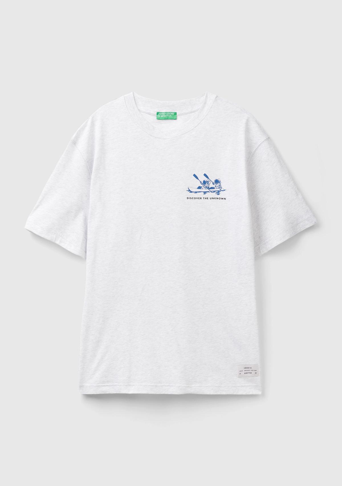 Erkek Açık Gri Melanj %100 Pamuk Önü Arkası Grafik Baskılı Bisiklet Yaka T-Shirt