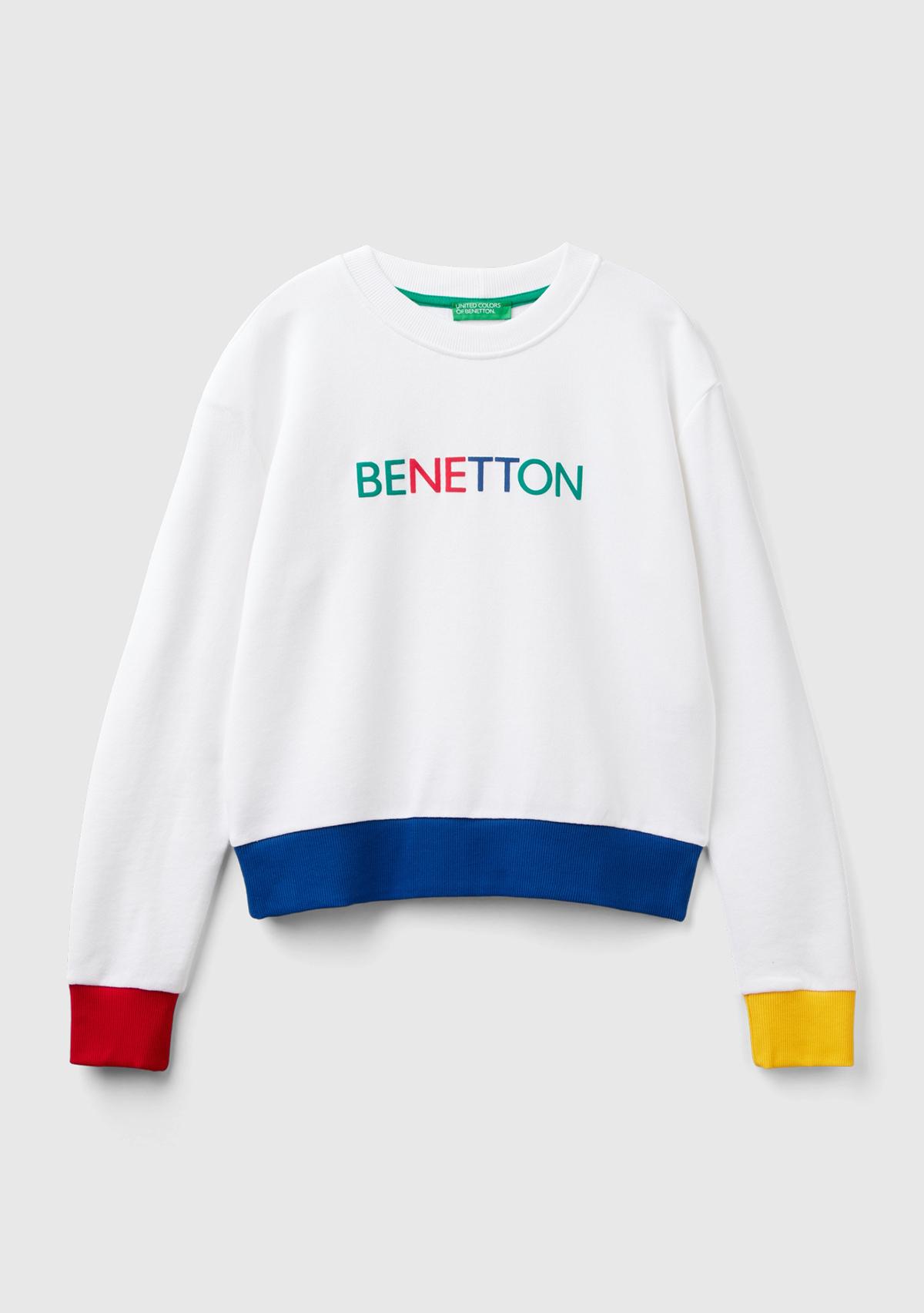 Kadın Beyaz Mix %100 Pamuk Benetton Yazılı Bisiklet Yaka Sweatshirt