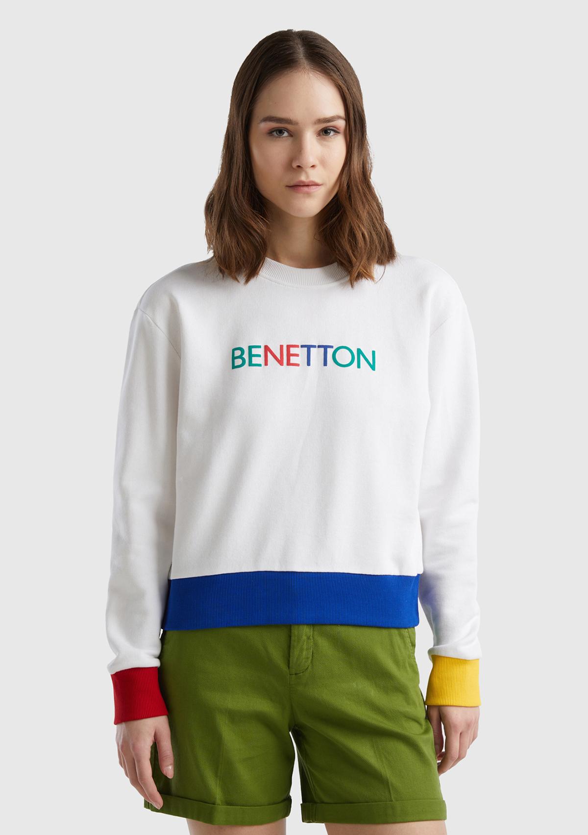 Kadın Beyaz Mix %100 Pamuk Benetton Yazılı Bisiklet Yaka Sweatshirt