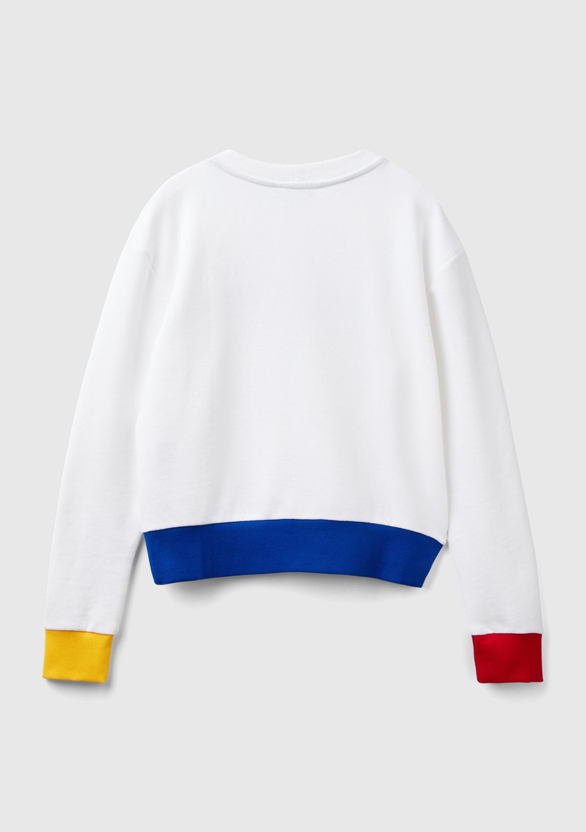 Kadın Beyaz Mix %100 Pamuk Benetton Yazılı Bisiklet Yaka Sweatshirt