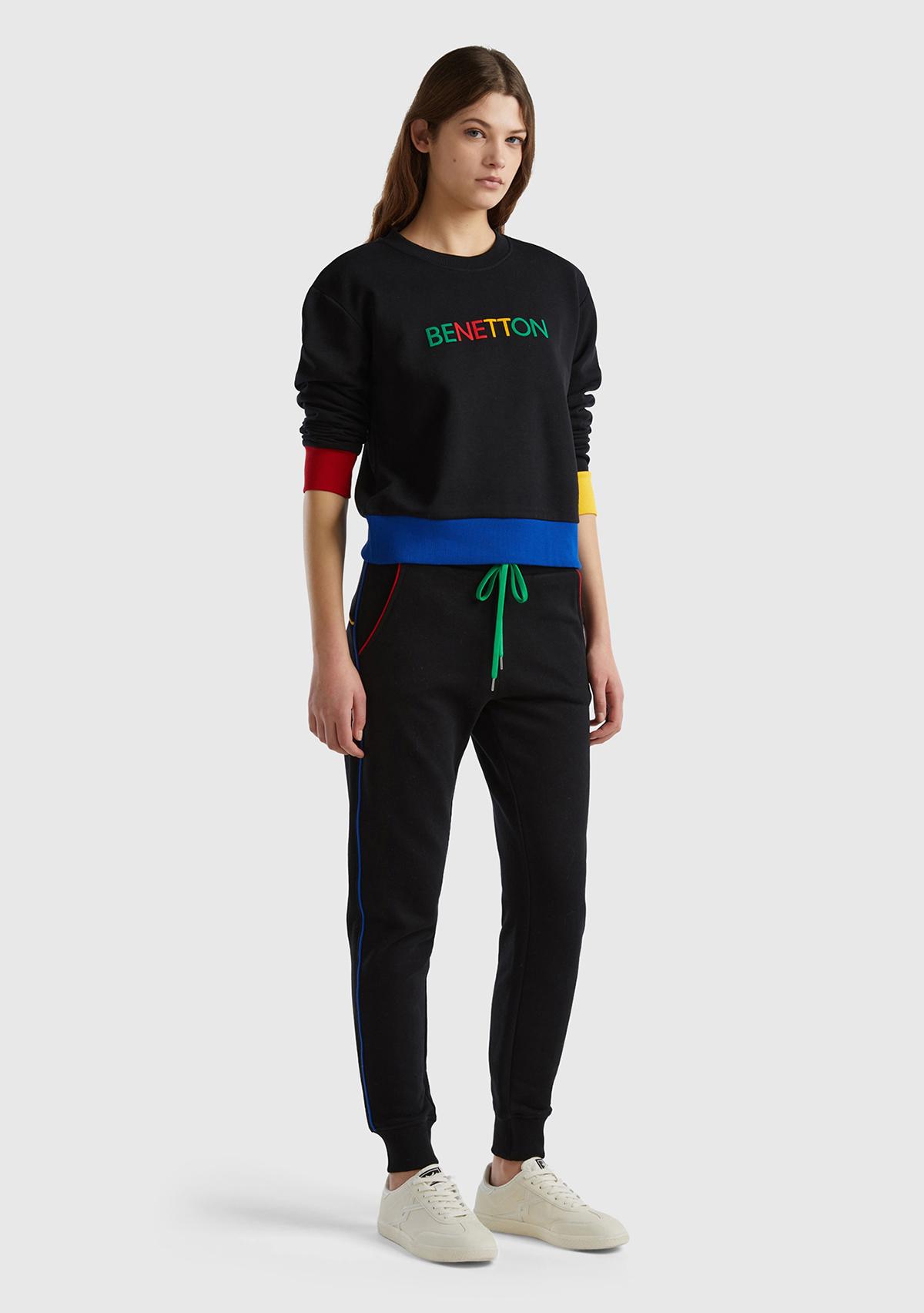 Kadın Siyah %100 Pamuk Benetton Yazılı Bisiklet Yaka Sweatshirt